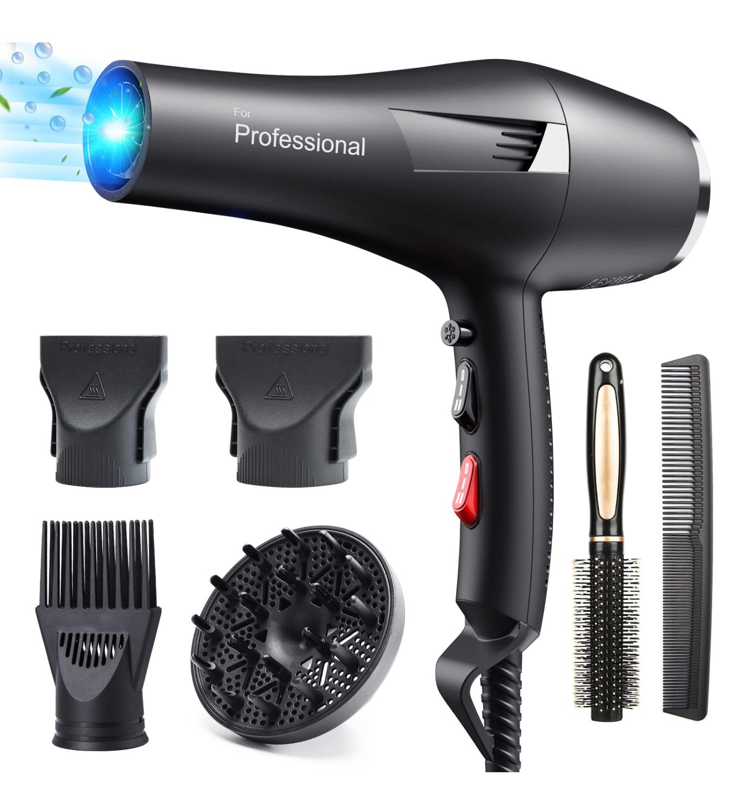 HappyGoo Hair Dryer Professional Ionic Hairdryer Fast Drying Salon with 2 Speed 3 Heat Setting Cool Button with Diffuser Nozzle Concentrator Comb for Women Man Black - Buy Online on GoSupps.com
