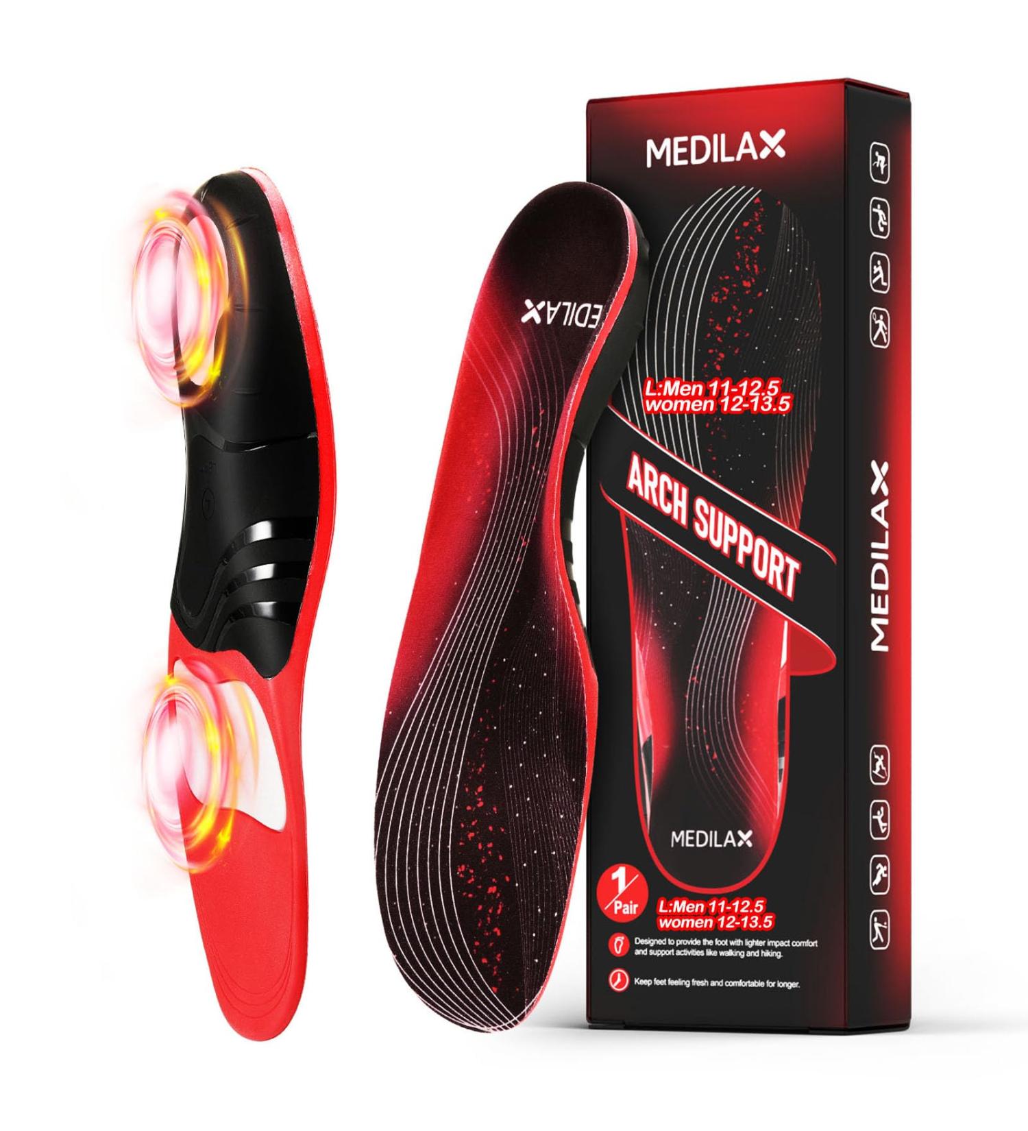 Medilax Plantar Fasciitis Relief Insoles for 220+ lbs | Heavy Duty Support for Flat Feet & High Arch Pain | Men & Women Work Boot Shoe Insole (L Black - Buy Online on GoSupps.com