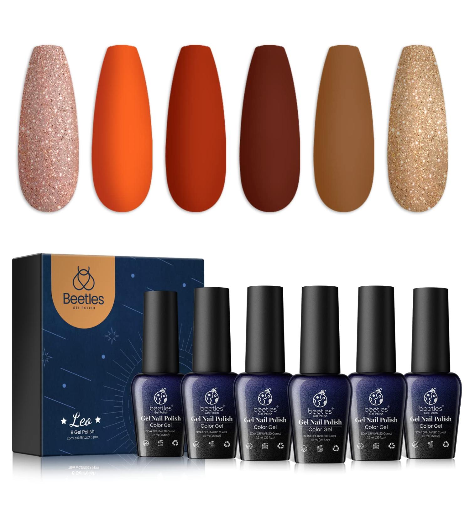Beetles Gel Nail Polish Set - 6 Autumn Colors: Orange, Brown, Gold Glitter & Wine Red - Soak Off, LED Safe for DIY Manicure - Buy Online on GoSupps.com