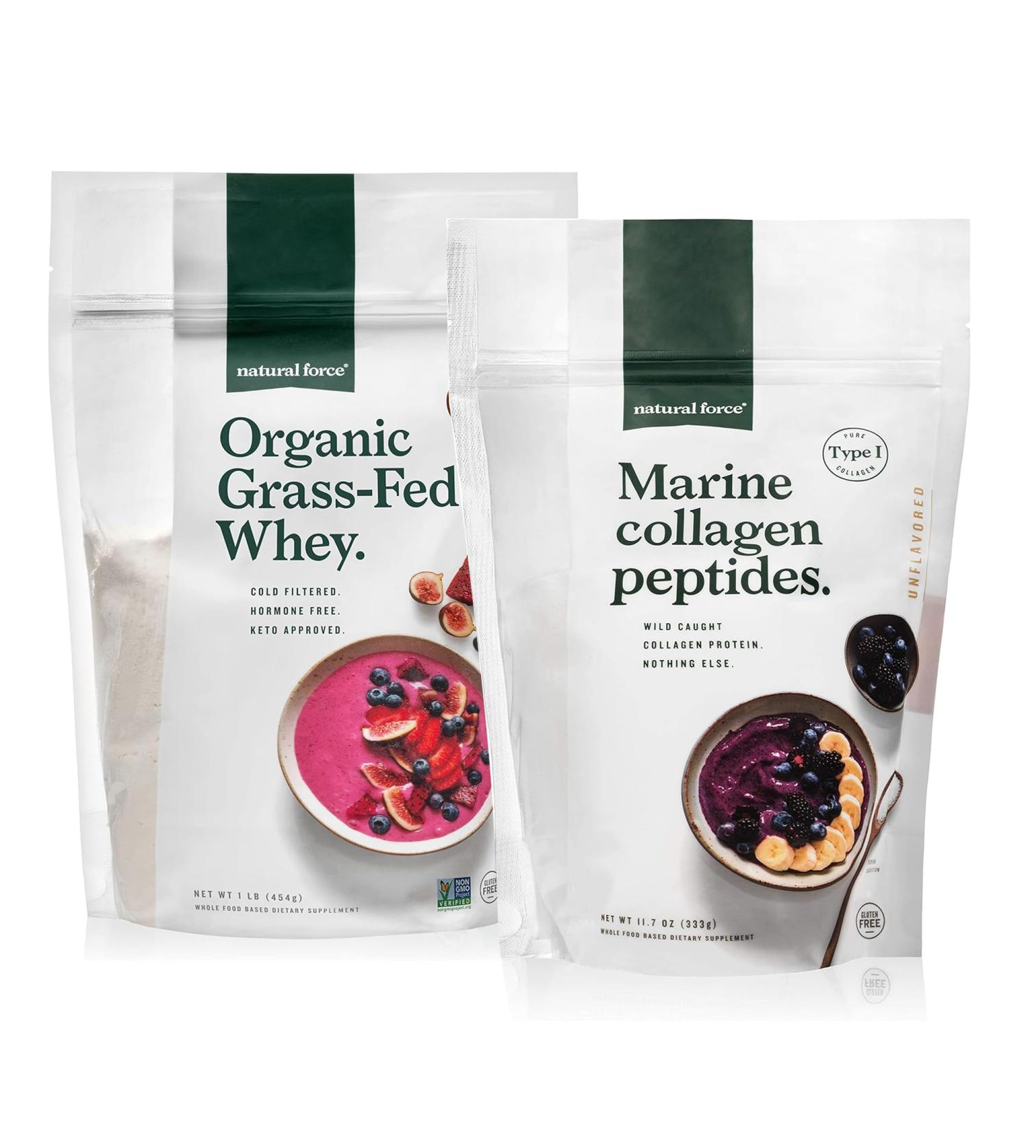 Natural Force Grass Fed Organic Whey Protein Powder Unflavored - 16 oz Organic Clean Collagen Peptides Powder Unflavored 32oz - Buy Online on GoSupps.com