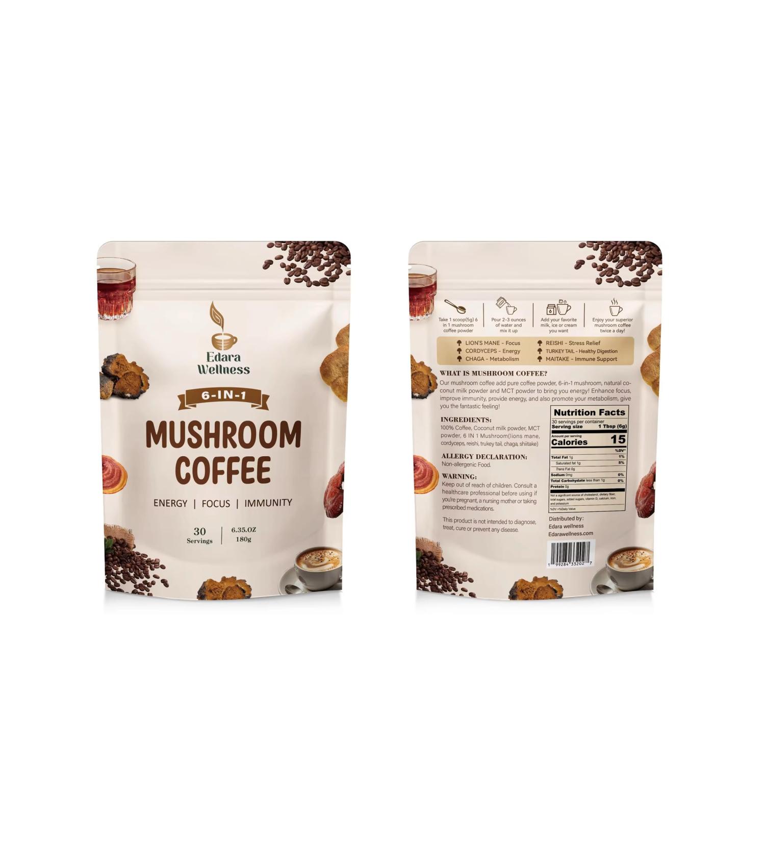 Edara Wellness 6-in-1 Mushroom Coffee Energy and Focus Blend 30 Servings 6.35 oz (180g) Natural Immunity Support - Buy Online on GoSupps.com