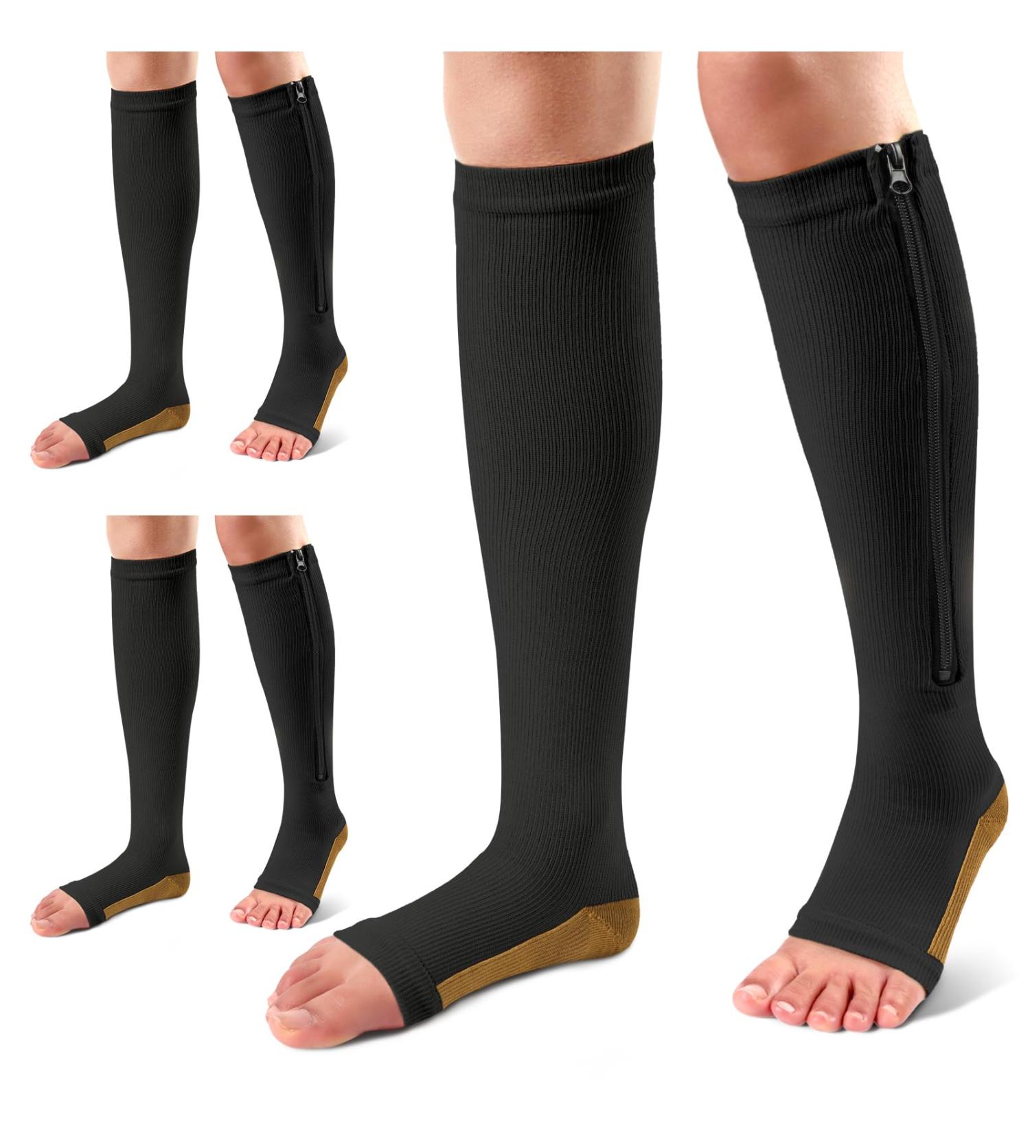 Ailaka Compression Socks for Varicose Veins - 3 Pairs 15-20 mmHg Knee Highs with Zipper Open Toe Medical Recovery Socks for Men & Women - 3X Large Black & Copper - Buy Online on GoSupps.com