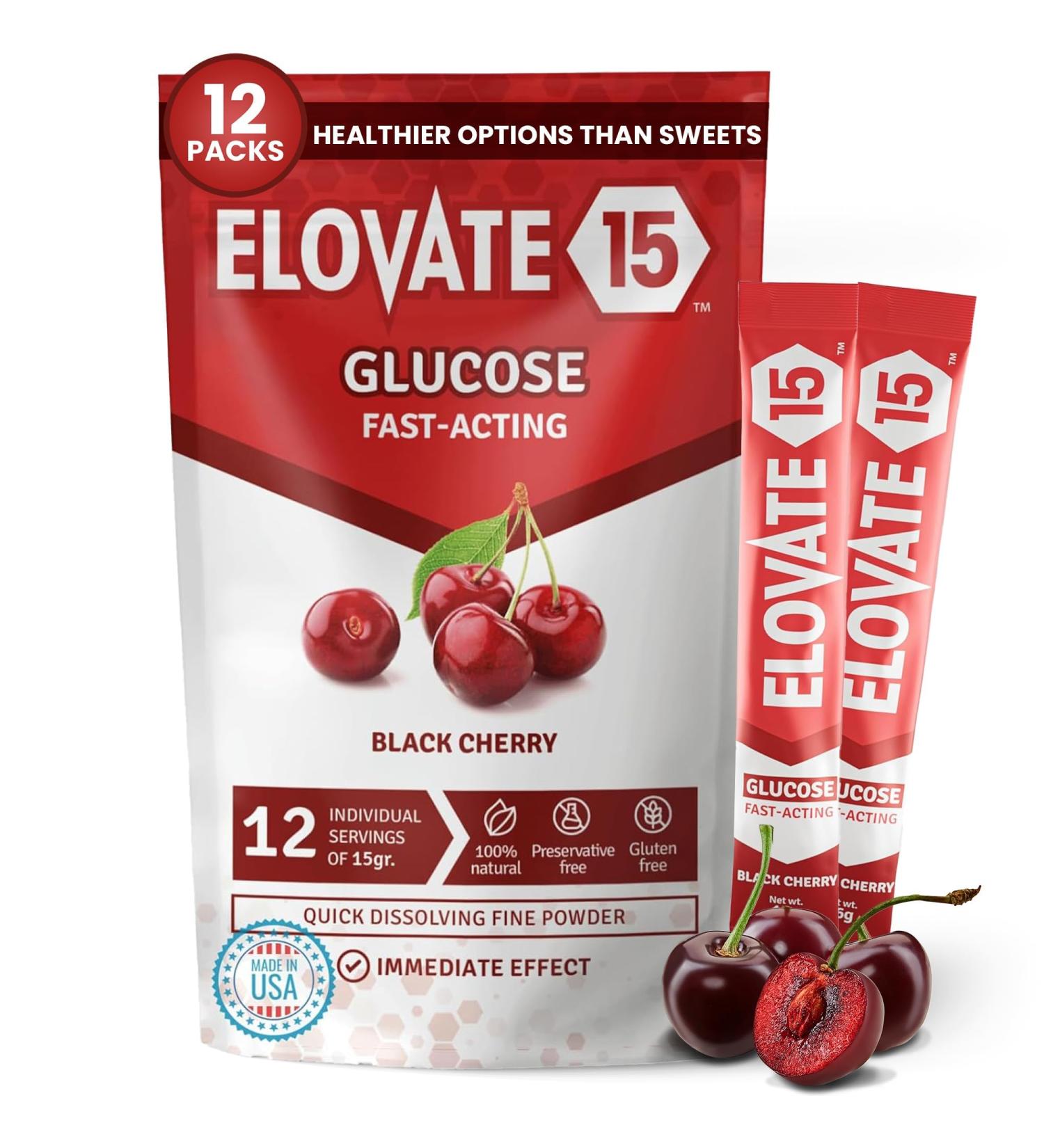 Elovate 15 Slimpaks Fast Acting Glucose Powder - Dextrose Packets FSA/HSA Eligible Black Cherry Flavor - Ideal Alternative to Gels & Tablets - Buy Online on GoSupps.com