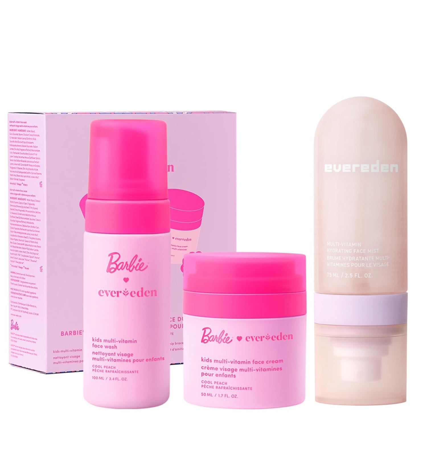 Evereden Happy Face DUO Barbie Edition & Multi-Vitamin Hydrating Mist Set: Multi-Vitamin Kids Face Wash & Cream Preppy Skincare Spray & Barbie Gift Bundle - Gentle Clean & Vegan - Buy Online on GoSupps.com