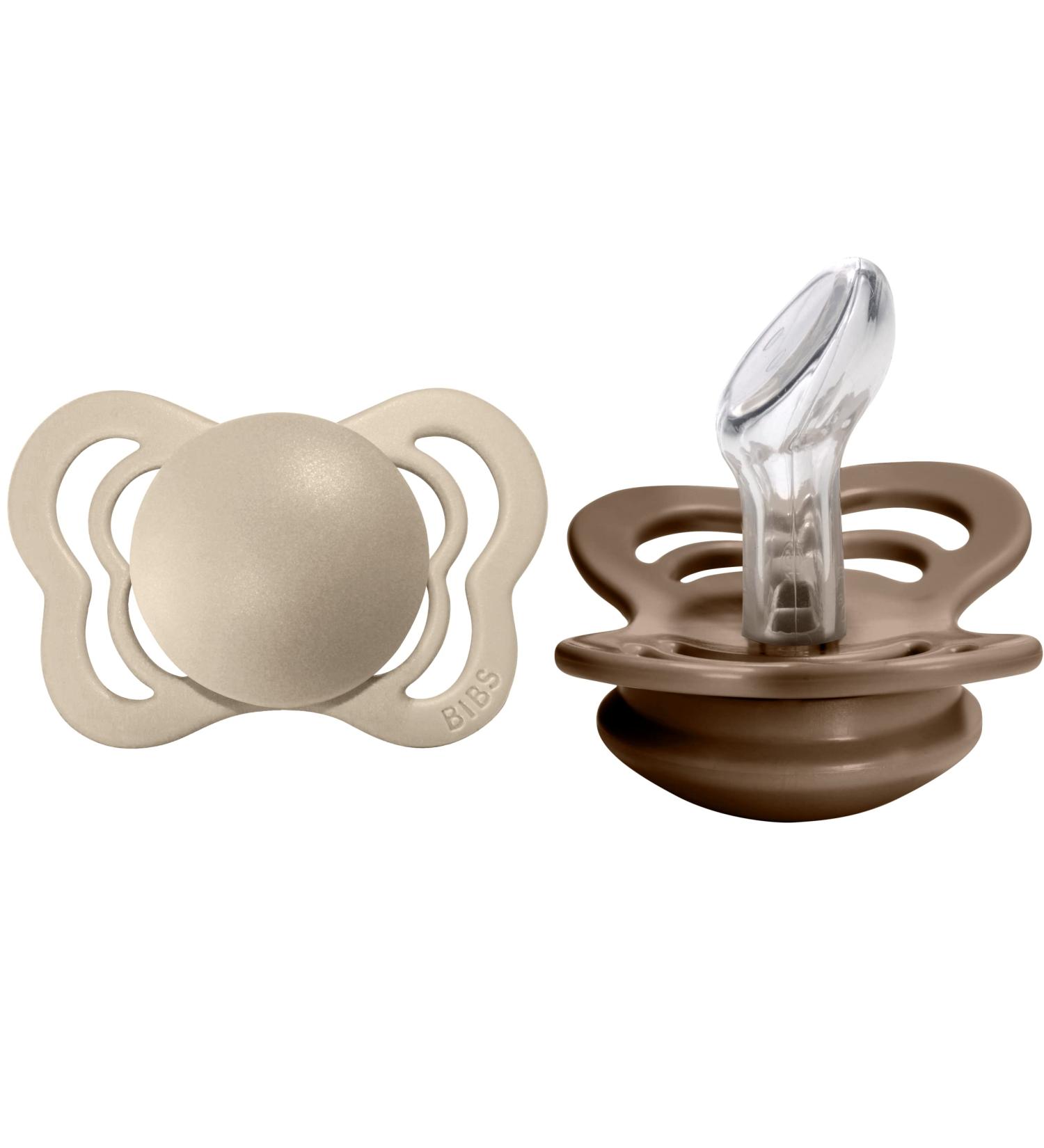 BIBS Couture Collection Pacifiers | BPA-Free Baby Soothers from Denmark | Set of 2 Vanilla/Dark Oak & Transparent | Size 0-6 Months - Buy Online on GoSupps.com