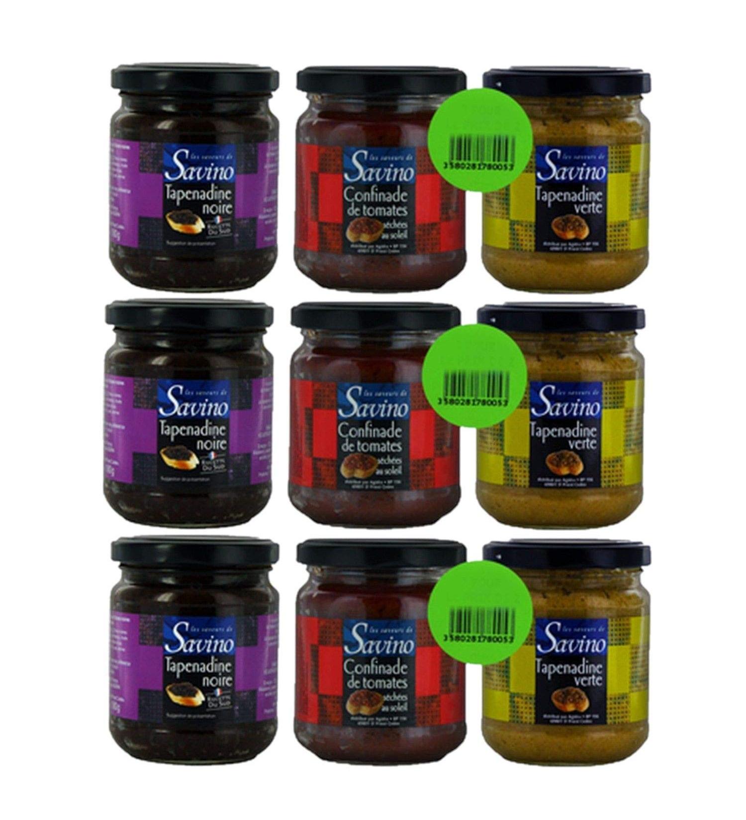 Set of 3 x 180 g – Black Tapenadine + Green Tapenadine + Tomato Confinade Les Saveurs de Savino