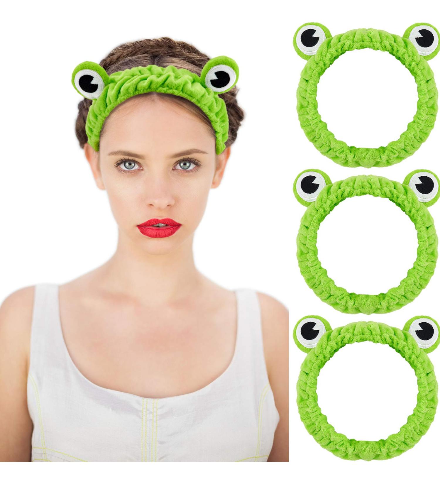 Cute Frog Headband Set for Girls and Women - 3 Pieces Funny Green Headbands for Face Washing, Shower, Spa, Yoga - Elastic Turban Hair Wrap - Buy Online on GoSupps.com
