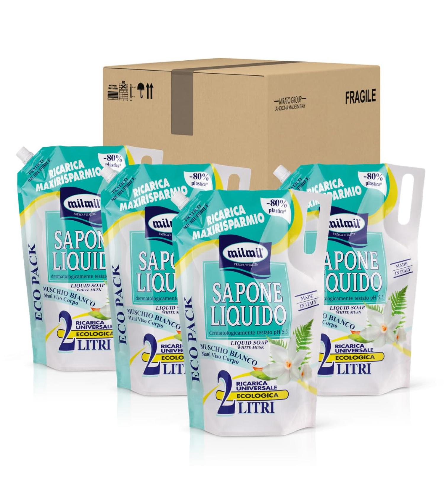 Milmil Milmil Liquid Soap White Foam Scent Maxieconomio Universal Refill Dermatologically Tested - 4 x 2000 ml