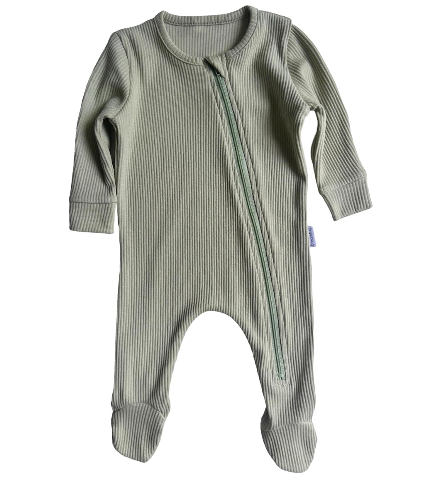 DreamBuy Ribbed Cotton Zip Up Baby Sleepsuit for Newborns | Unisex Baby Boy and Girl Clothes 0-3 Months Sage - Buy Online on GoSupps.com