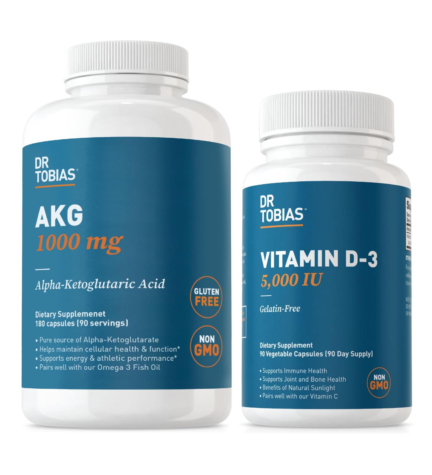 Dr. Tobias AKG Supplement & Vitamin D3 - Optimize Cellular Energy & Bone Health with High-Potency Vitamin D & Bioavailable AKG Non-GMO - Buy Online on GoSupps.com