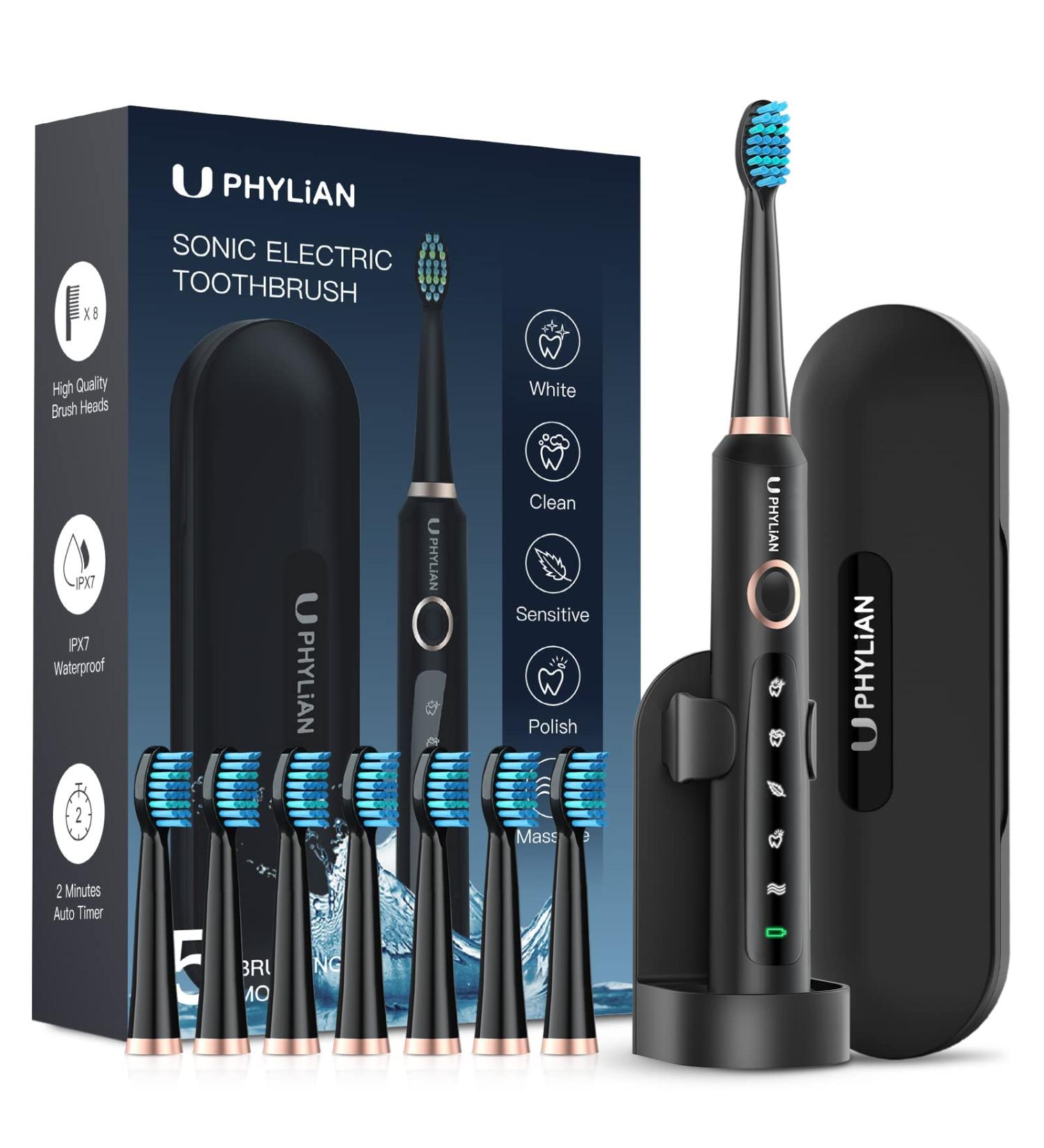 Phylian Electric Toothbrush for Adults - Sonic Toothbrush with 8 Heads Travel Case 5 Modes & Timer | Best Sound Toothbrush - Buy Online on GoSupps.com