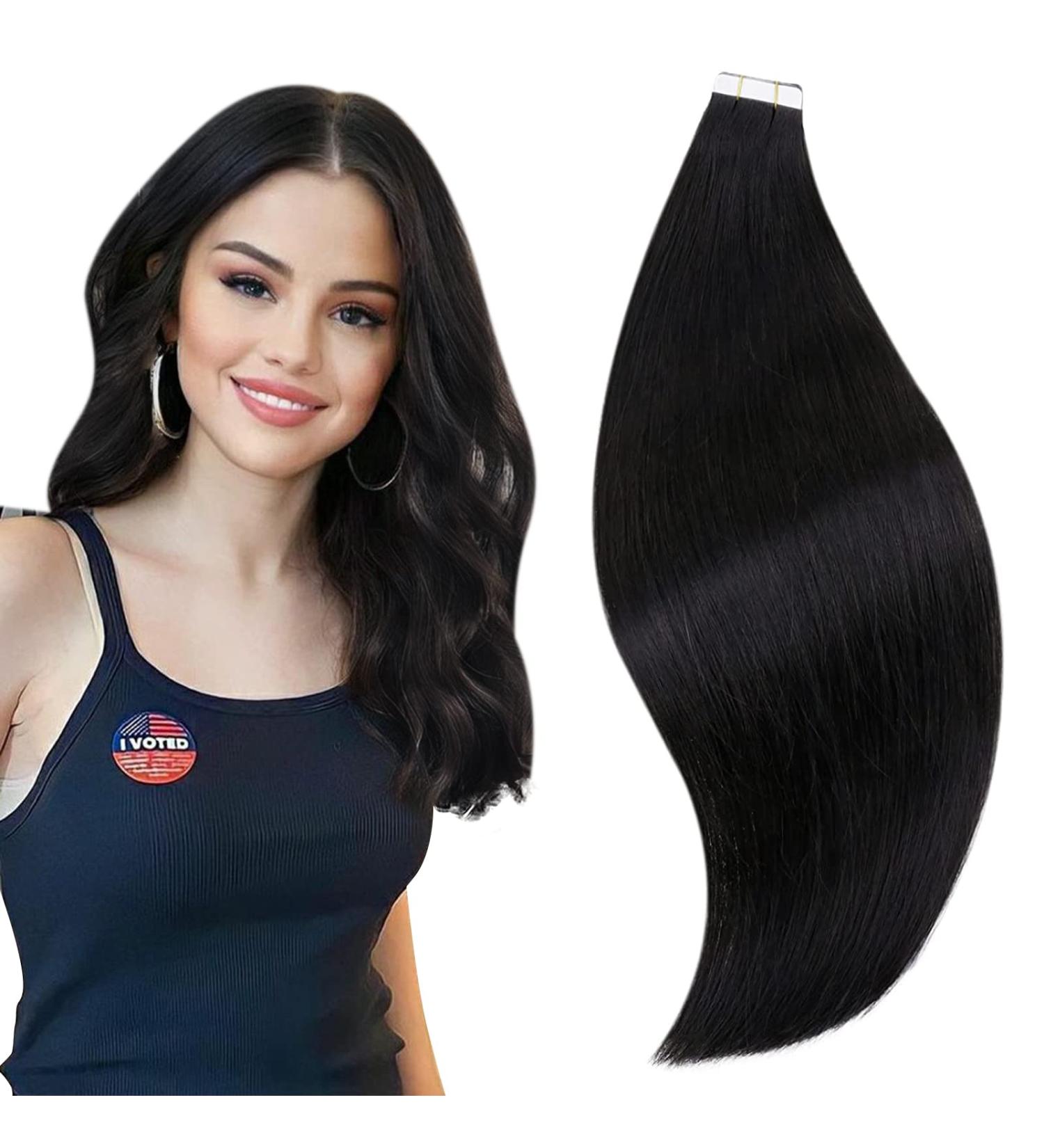 RUNATURE 14 Inch Black Tape in Human Hair Extensions Remy - 40g Straight #1B - Buy Online on GoSupps.com