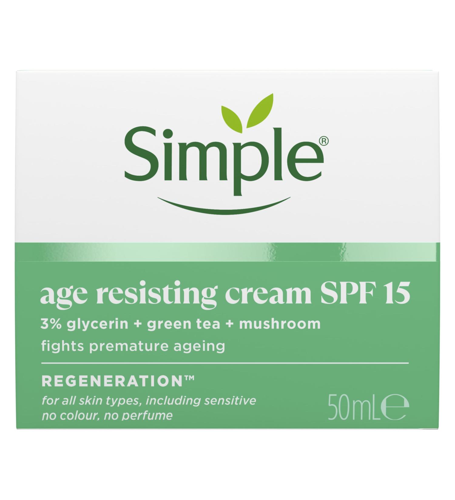 Simple Regeneration Age Resisting Face Cream SPF 15 with 3% Glycerin Green Tea and Mushroom Extract Anti-Ageing Moisturiser 50 ml - Buy Online on GoSupps.com
