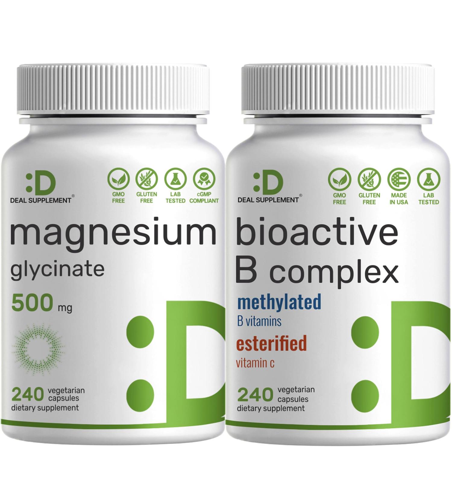 Magnesium Glycinate 500mg Veggie Capsules & Bioactive Vitamin B Complex Bundle Pack Easily Absorbed Chelated Mineral Immune Energy & Metabolism Supplement - Buy Online on GoSupps.com