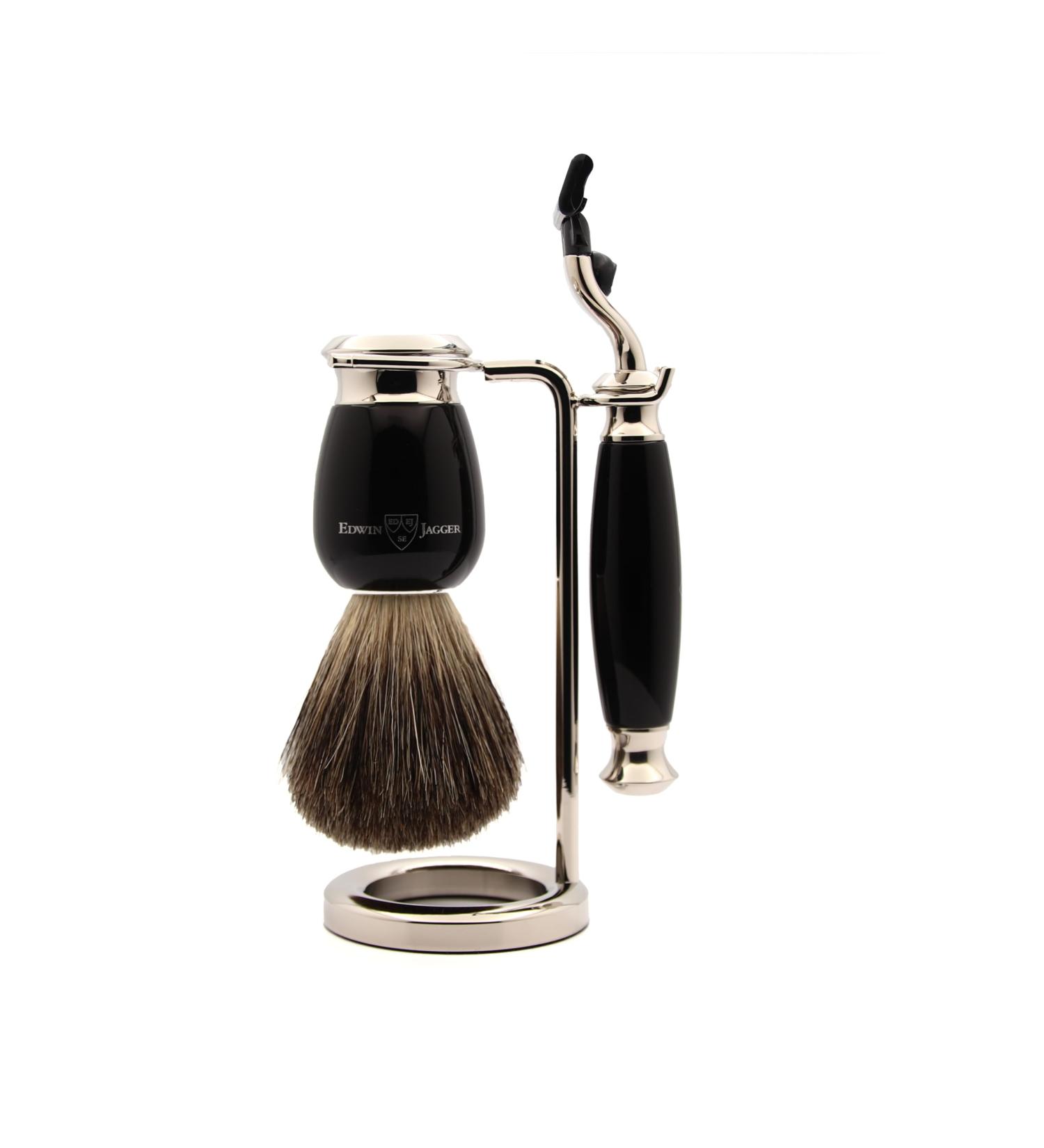 Edwin Jagger Classic Shaving Set - Ebony & Nickel Pure Roof Brush 3 Razors for Cream/Soap | Luxury Grooming for Men & Women - Buy Online on GoSupps.com