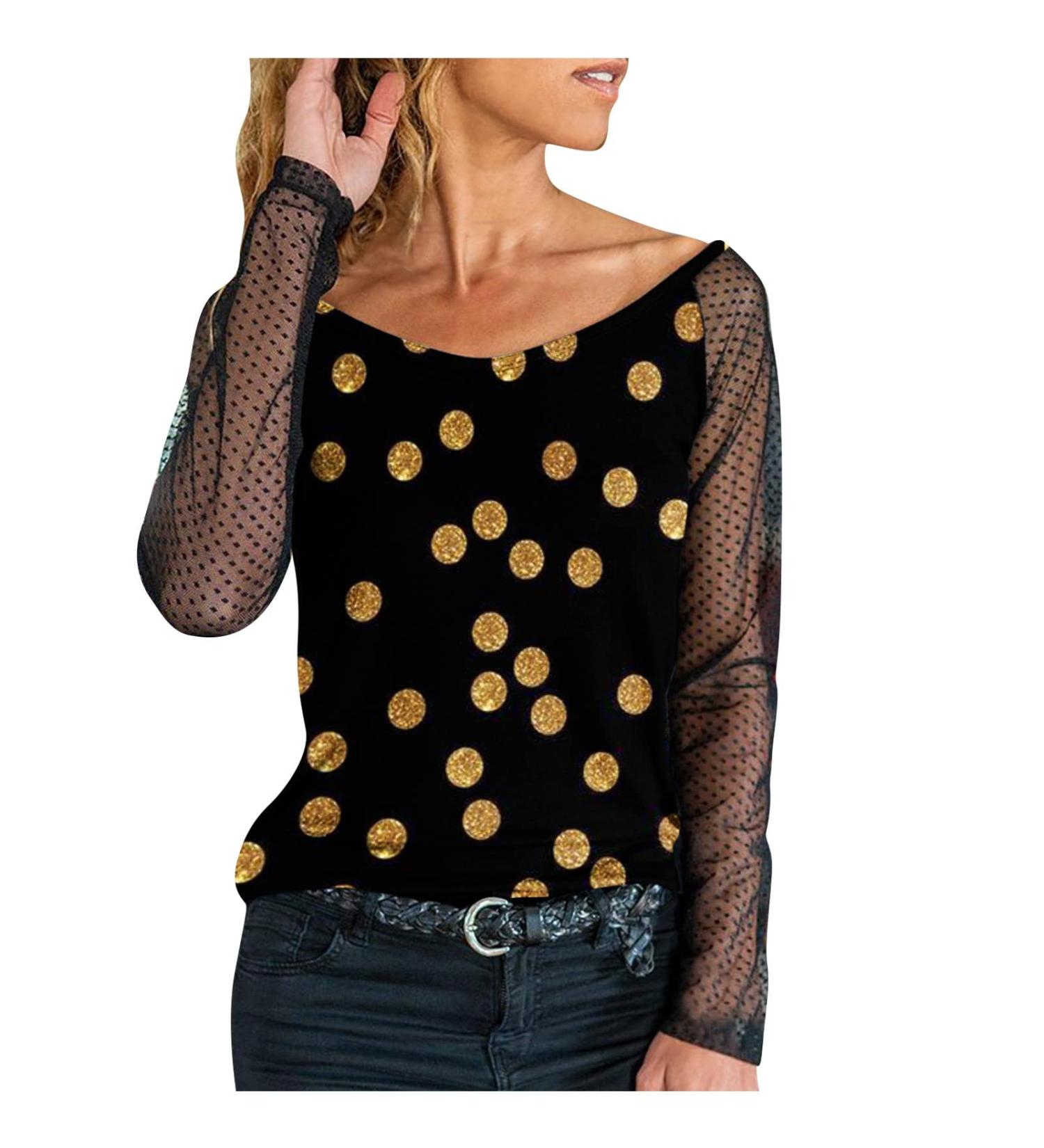 Women's Casual Sequin Flash Printed Pullover Top - Long Sleeve Tunic Blouse in Medium Gold - Buy Online on GoSupps.com