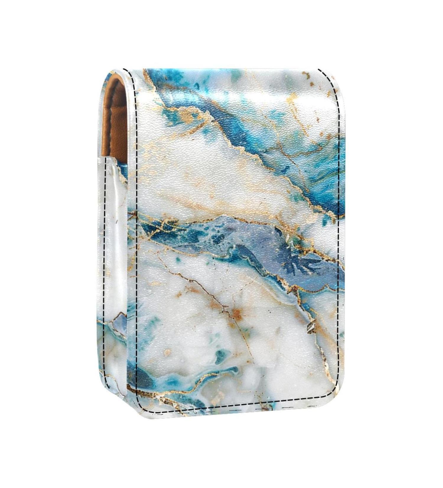 Travel Lipstick Organizer Case | Portable Makeup Bag with Mirror | White Blue Marble Texture - Buy Online on GoSupps.com