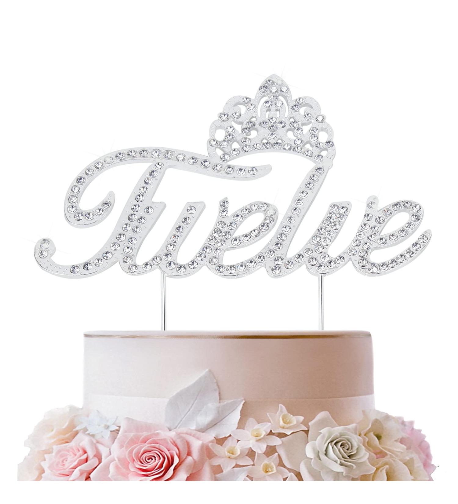LINGTEER Twelve Birthday Cake Topper with Crown Sign | Silver Bling Crystal Rhinestone Birthday Keepsake | Happy 12th Birthday Party Decorations Gift Supplies - Buy Online on GoSupps.com