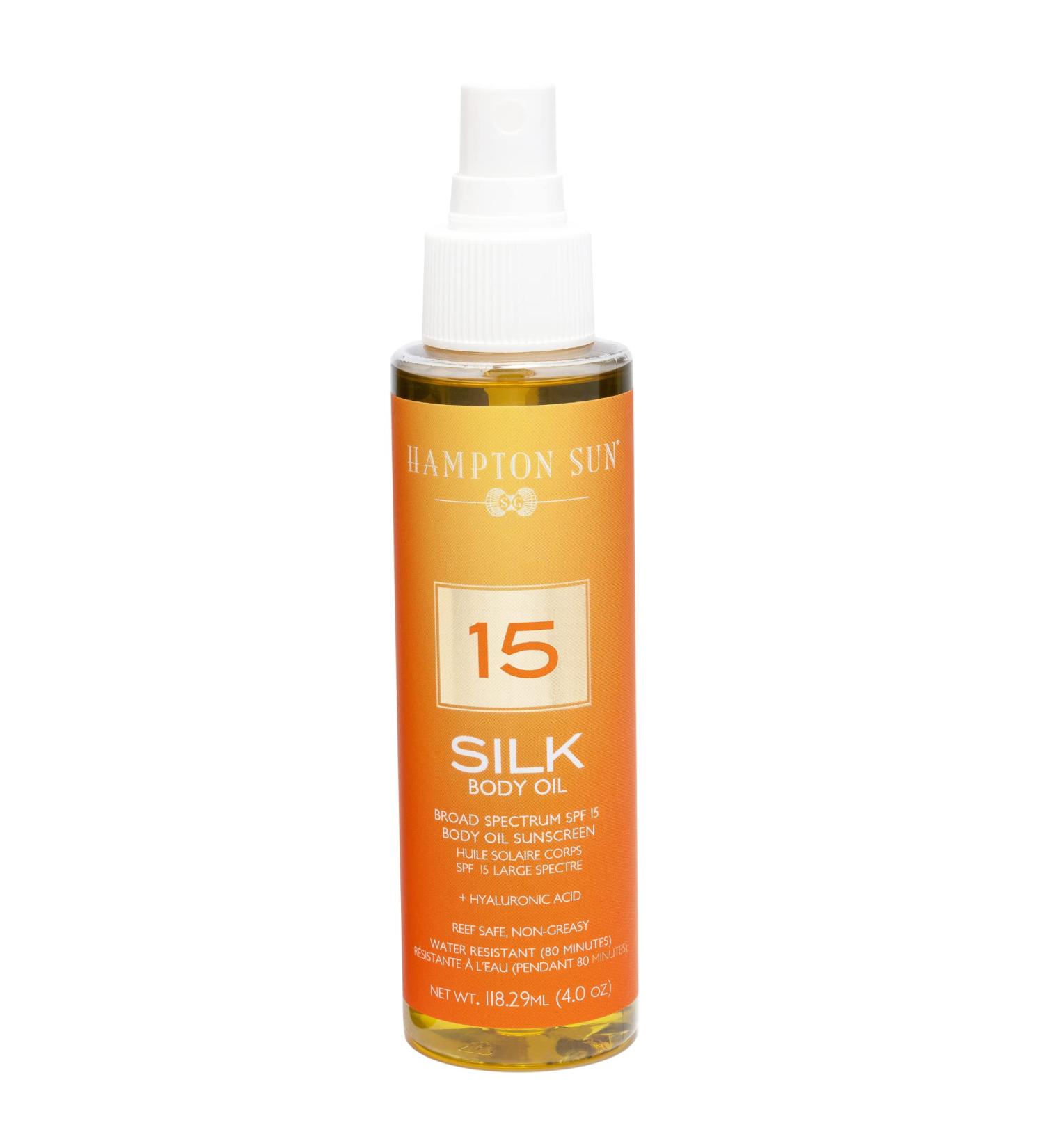 Hampton Sun SPF 15 Hyaluronic Acid Infused Silk Body Oil 4.0 oz. | Firms, Hydrates, and Promotes Skin Elasticity | Luxury Sun Tanning Oil - Buy Online on GoSupps.com