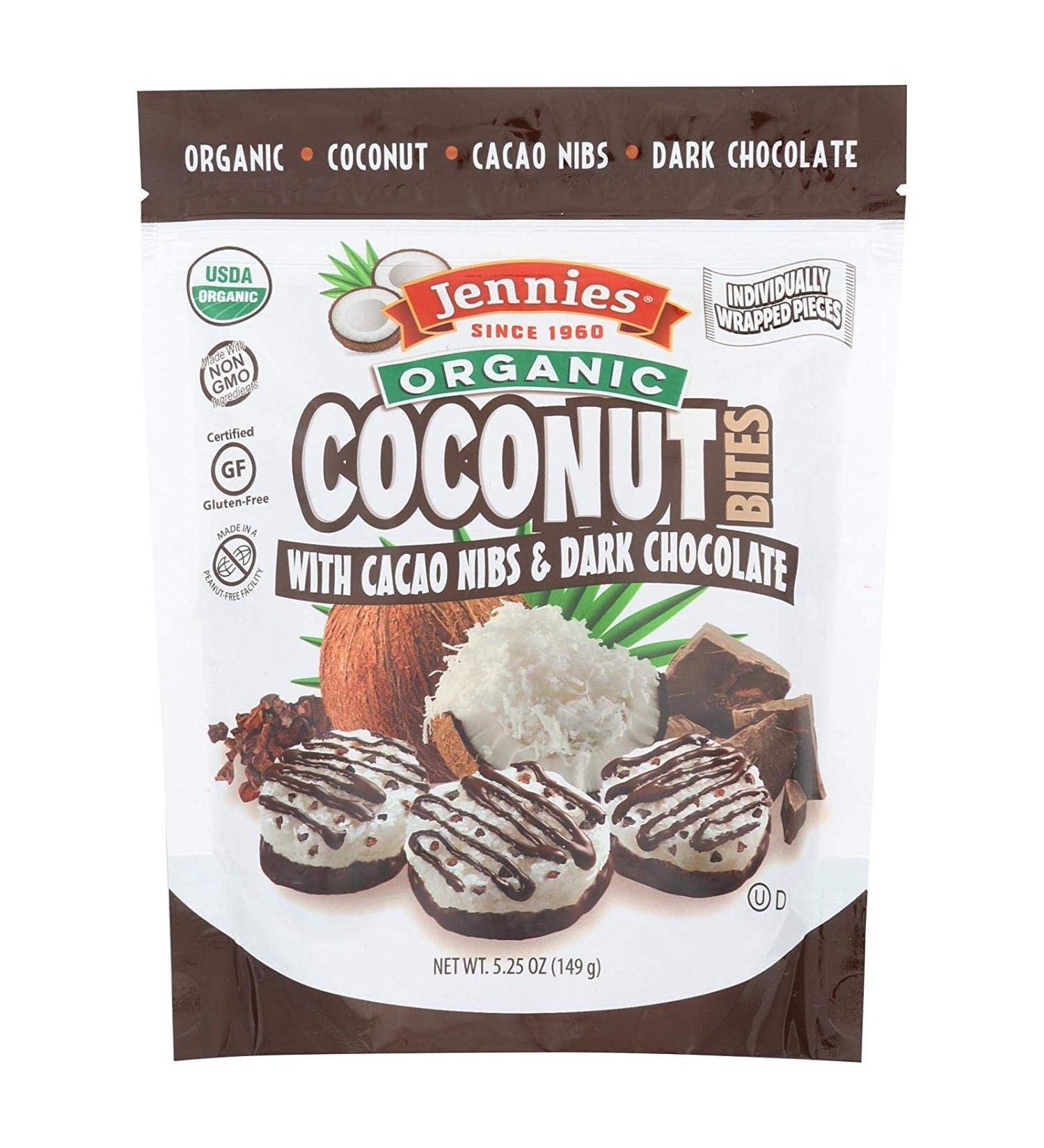 Jennies Coconut Bites - Organic - Cacao Chocolate - Case of 6 - 5.25 oz