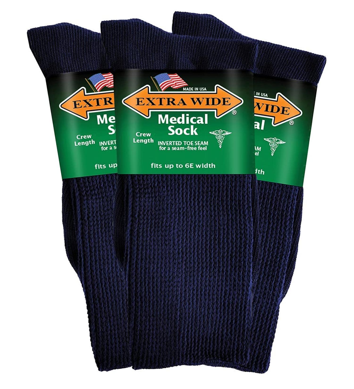 Extra Wide Unisex Medical Mid Calf Crew 3PK Antimicrobial - Up to 6E - Made in USA - Navy - Buy Online on GoSupps.com