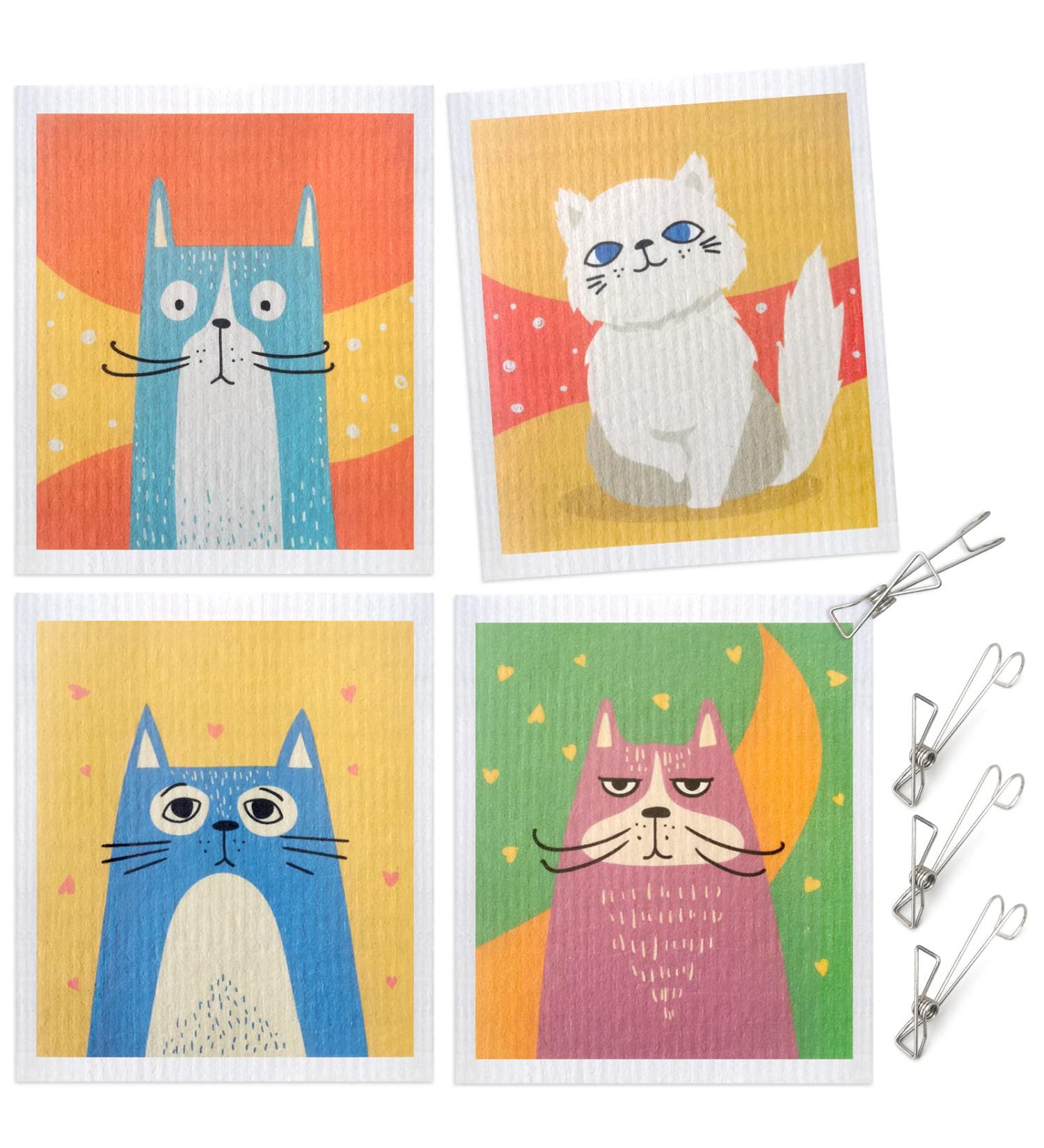 GONG GONG Swedish Dishcloth 4+4 Pcs Eco-Friendly Cleaning Cloth Set | Reusable Cellulose Sponge Cloths 6.77x7.87 Inches - Colorful Cat Design - Buy Online on GoSupps.com