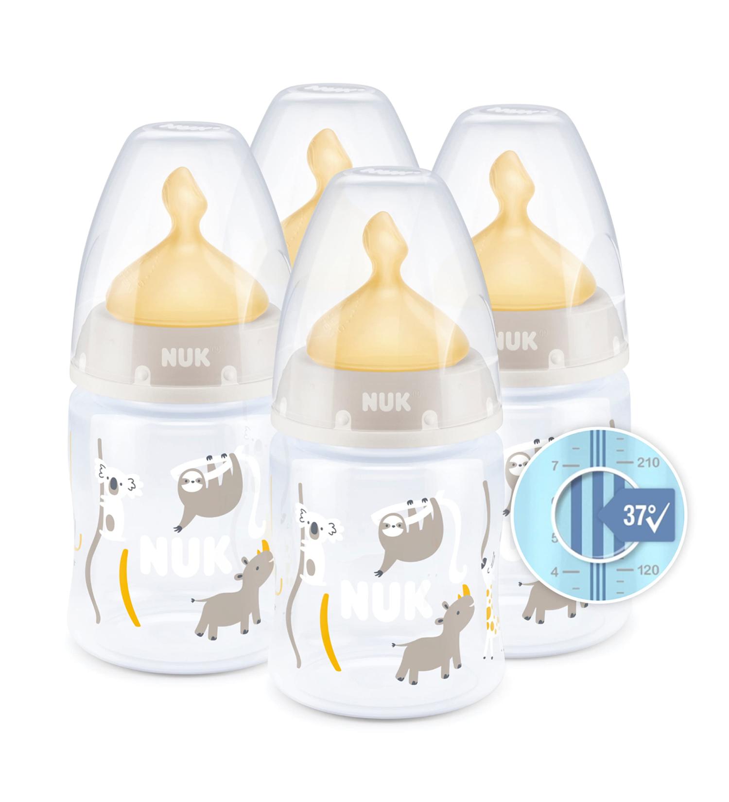 NUK First Choice+ Baby Bottles Set 0-6 Months | Temperature Control & Anti Colic Vent | 150 ml BPA-Free | Latex Teat Safari Beige | 4-Pack Animals - 1 Pack - Buy Online on GoSupps.com