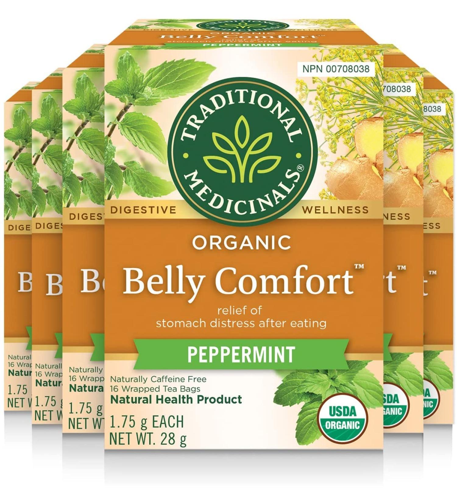 Traditional Medicinals - Organic Belly Comfort Peppermint Herbal Tea (Pack of 6) - Contains Ginger Fennel and Lemon Balm for Digestive Support - 96 Tea Bags Total Belly Comfort 16 Count (Pack of 6) - Buy Online on GoSupps.com