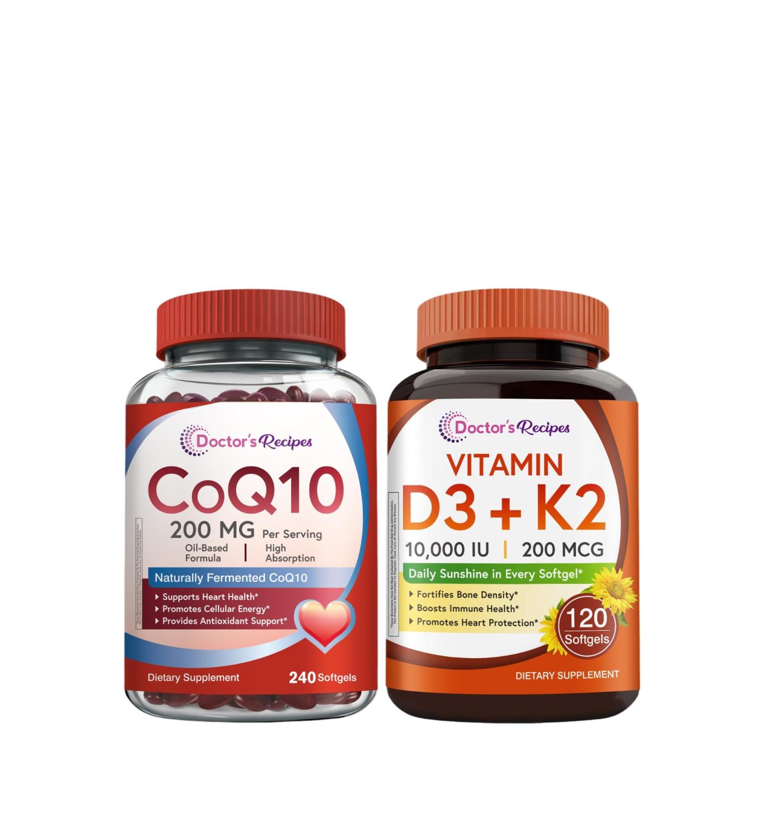 Doctor's Recipes CoQ10 200mg Softgels & Vitamin D3 K2 Softgels Bundle Coq10 240ct for Heart Heath Vitamin D3 K2 120ct for Immune and Bone Health Support - Buy Online on GoSupps.com