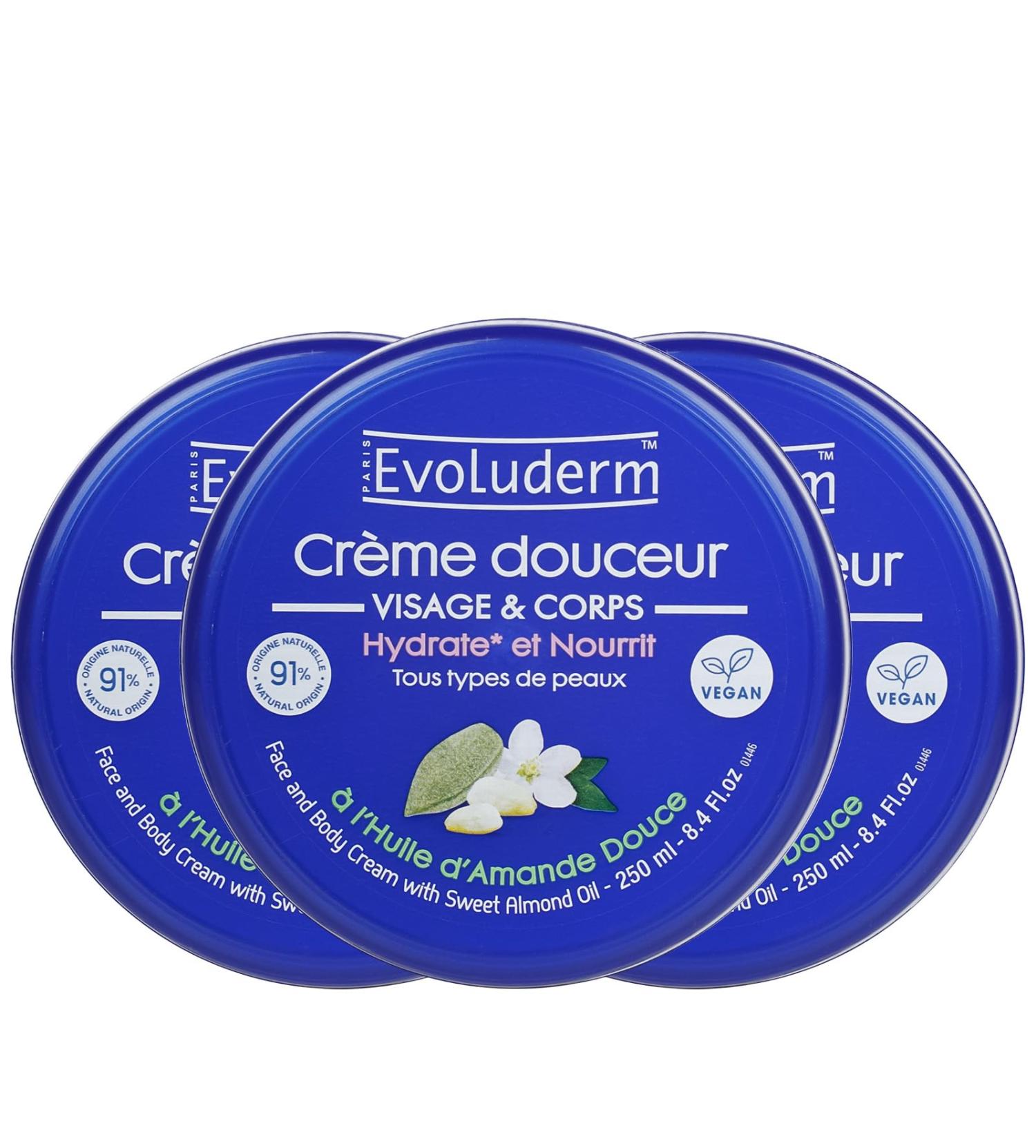 EVOLUDERM - Gentle Face and Body Cream - 250 ml - 91% Natural Origin - Vegan - Made in France - Pack of 3 x 250 ml