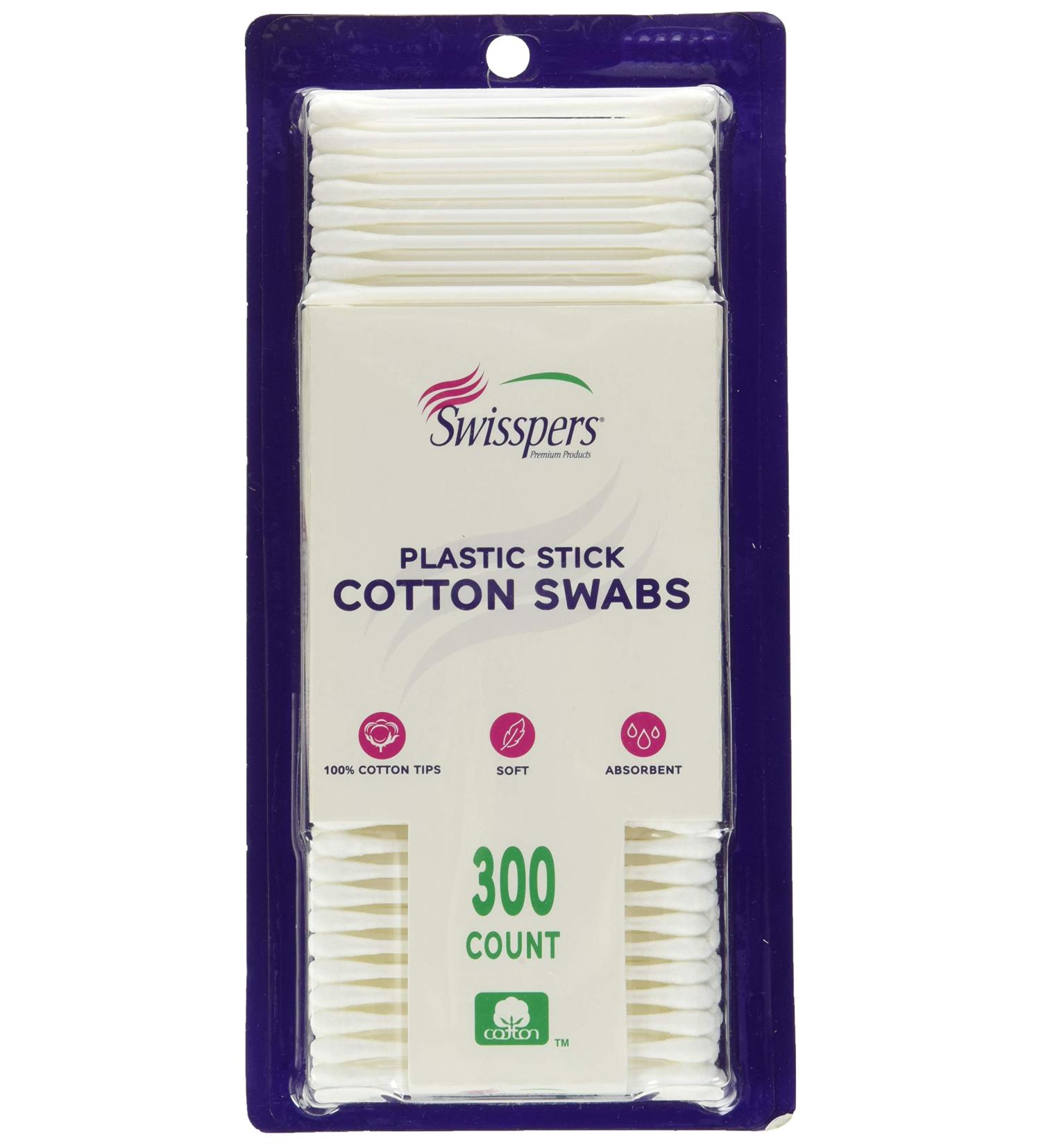 Swisspers Double-Tipped Cotton Swabs - 300 Count - 100% Cotton - White Plastic Sticks - Buy Online on GoSupps.com