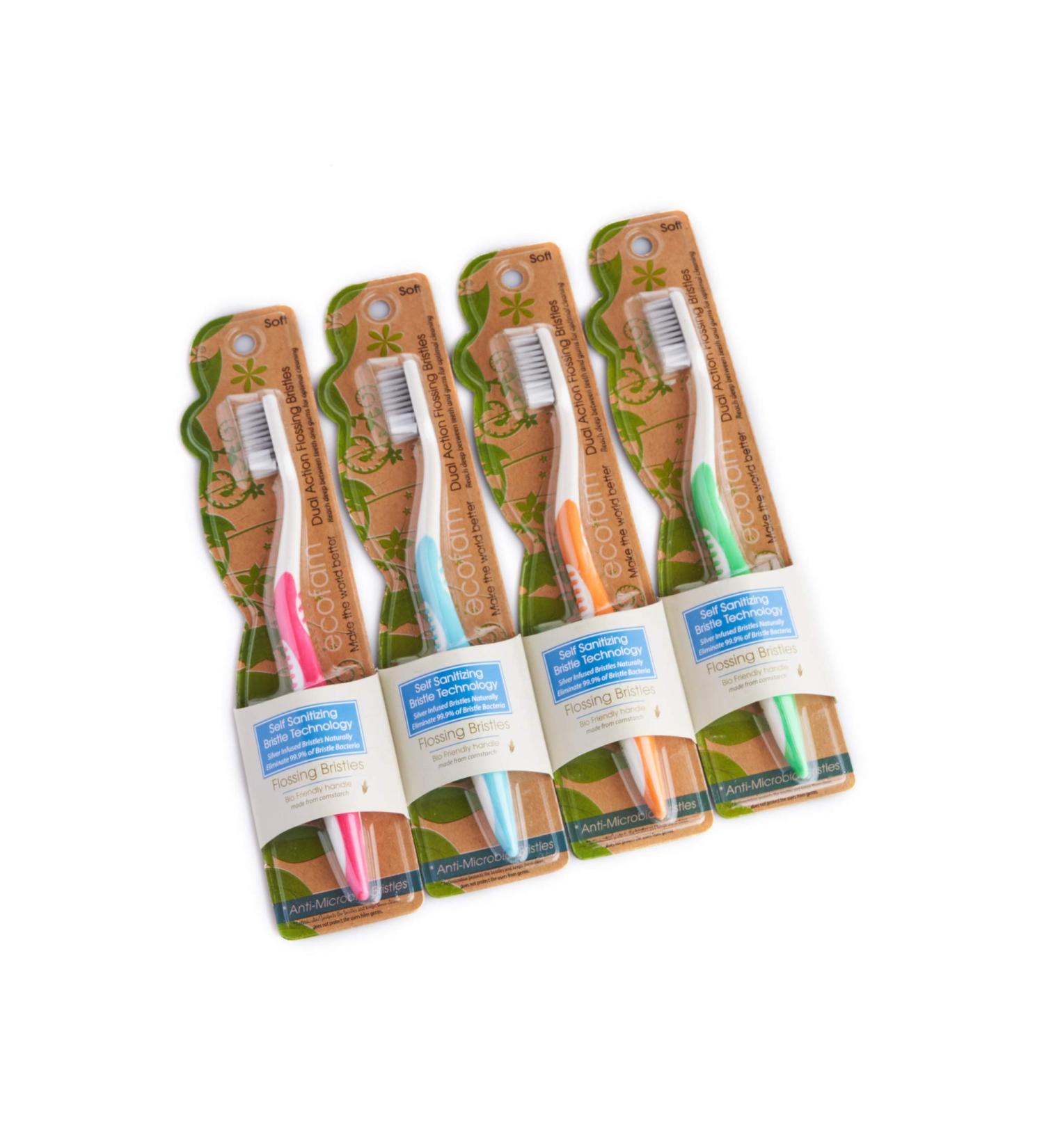 EcoFam Compostable Silver Infused Soft Bristle Toothbrushes (4 Pack) - Eco-Friendly Adult Manual Toothbrushes - Buy Online on GoSupps.com