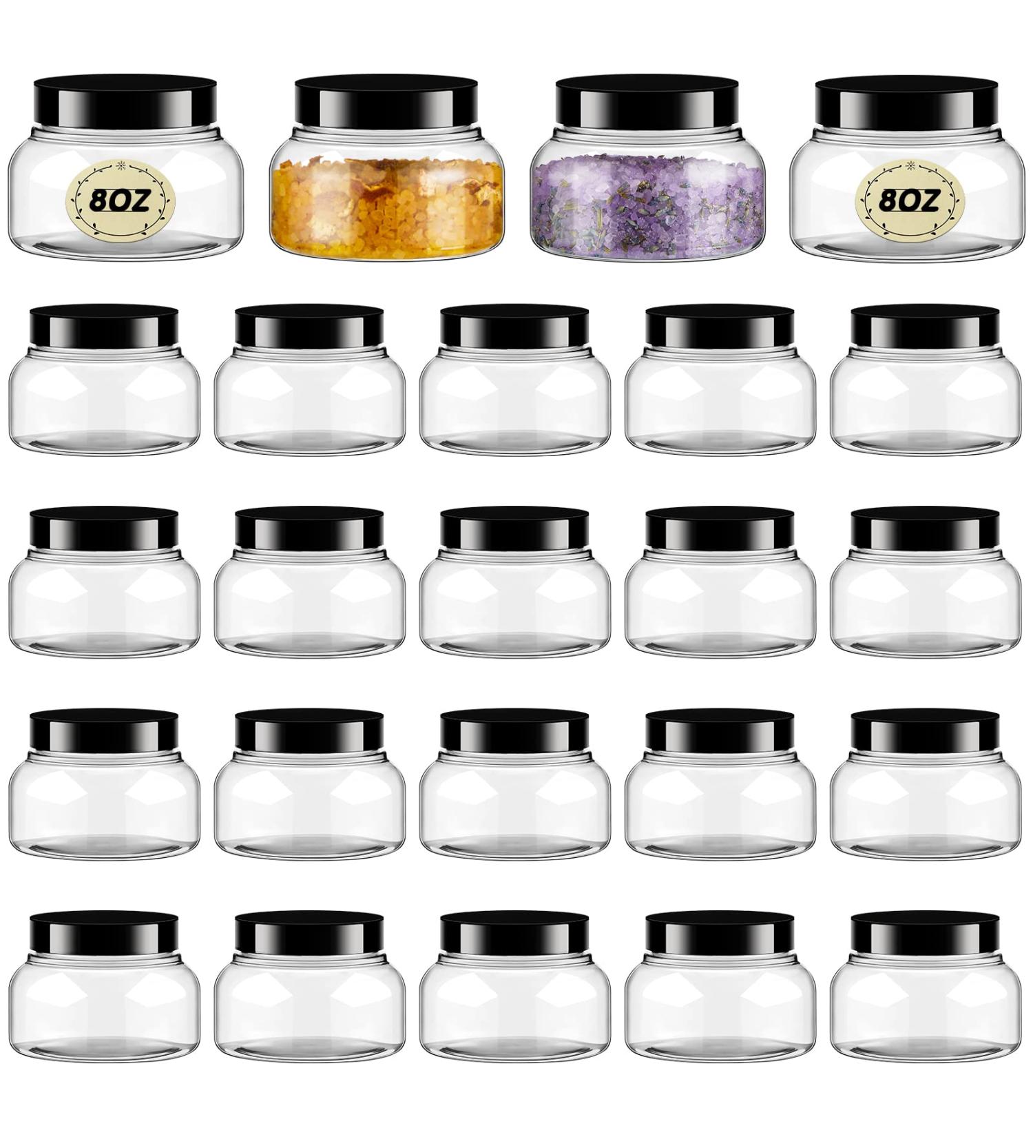 24 Pack 8 oz Clear Plastic Jars with Lids and Labels - Refillable Cosmetic Containers for Body Butter, Sugar Scrubs, Lotions, and Cosmetics - Buy Online on GoSupps.com