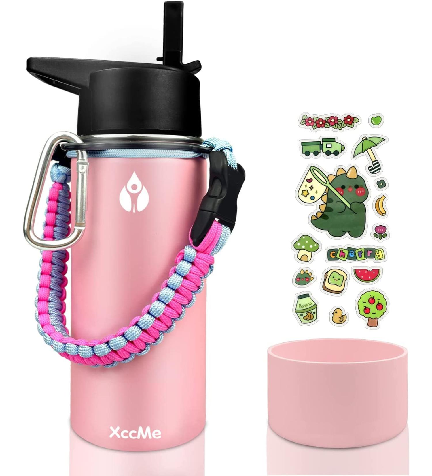 XccMe Kids Stainless Steel Water Bottle 16oz - Insulated Thermos with Straw Lid, Silicone Boot, Personalized Dinosaur Stickers, Paracord Handle - Pink - Ideal for School - Buy Online on GoSupps.com