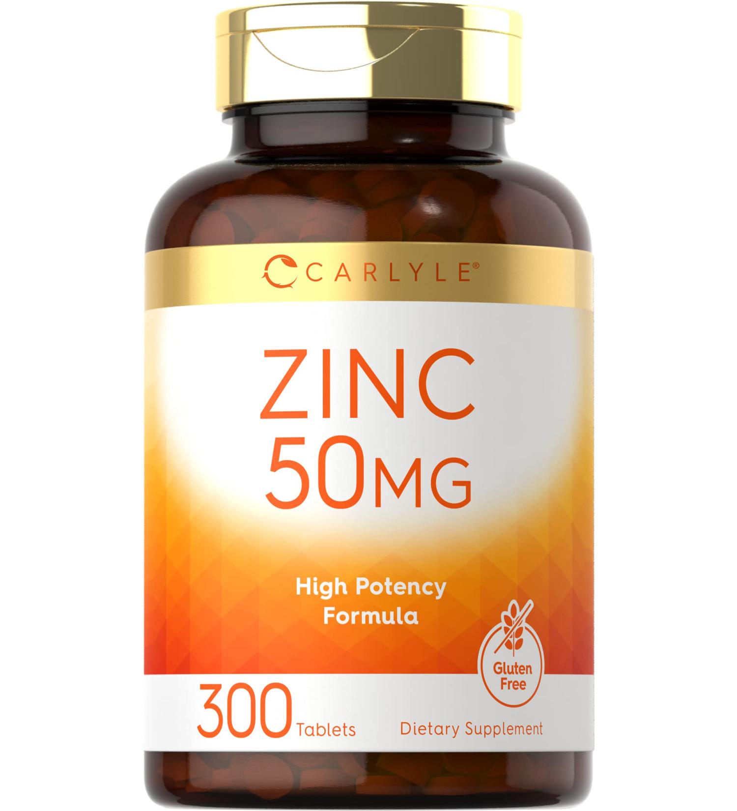 Carlyle Zinc 50mg 300 Tablets - Vegetarian, Non-GMO, Gluten Free Zinc Gluconate Supplement - High Potency Formula - Buy Online on GoSupps.com