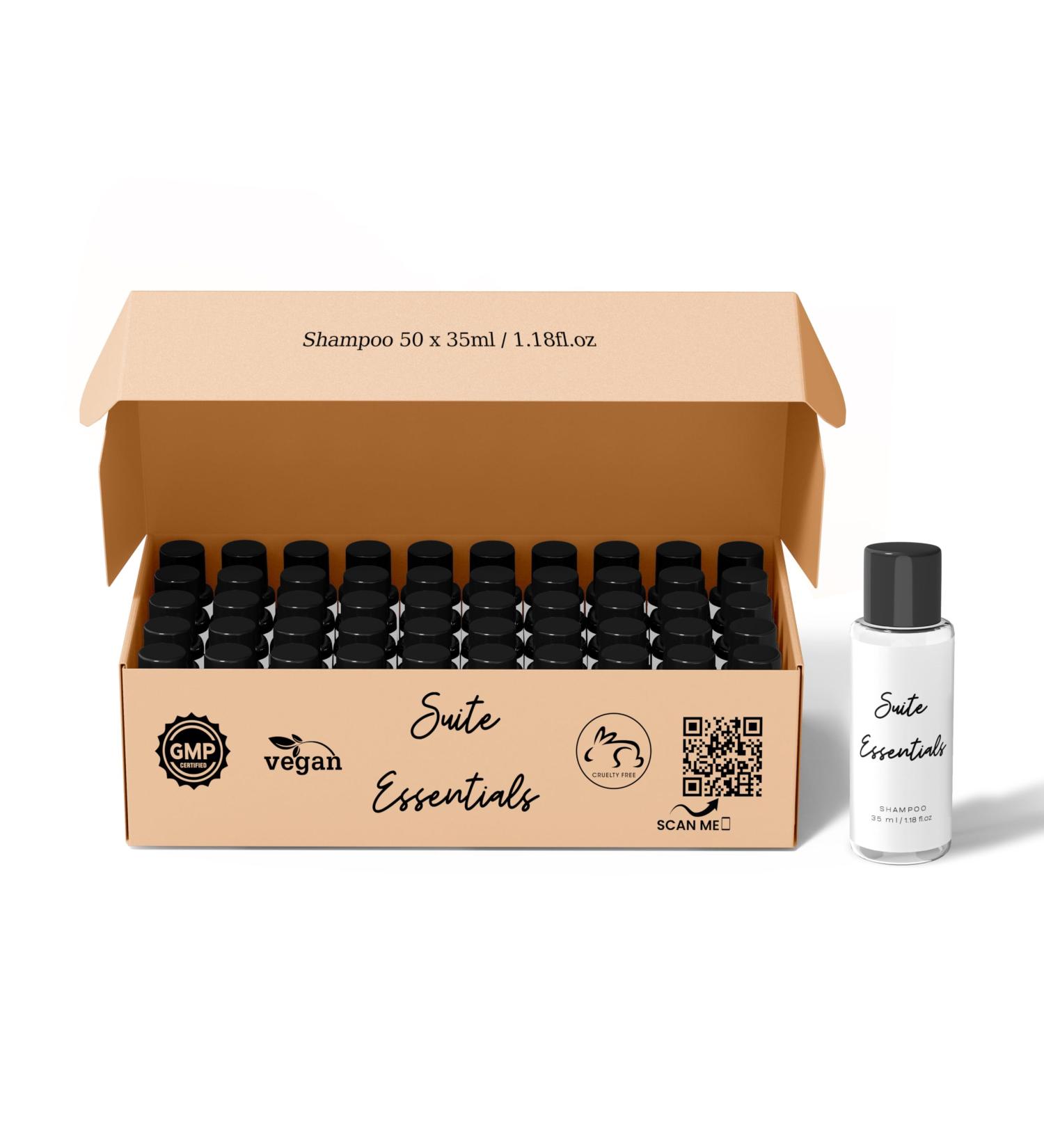 Suite Essentials 50 Pack 35ml Shampoos | Ideal for Hotels Guest Rooms Airbnb & Hospitality | GMP Certified Cruelty Free Vegan Recyclable Packaging | - Buy Online on GoSupps.com