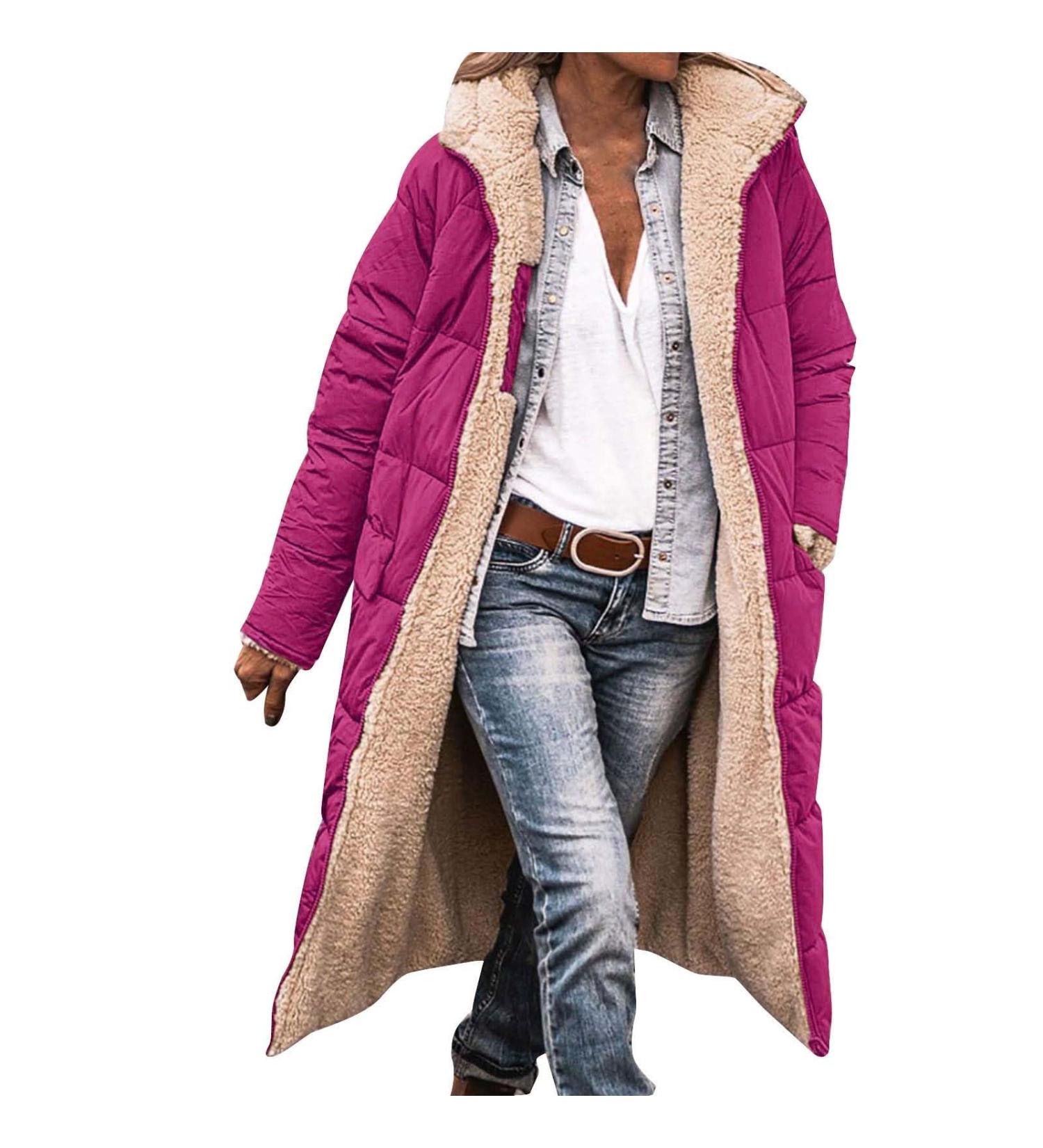 Hanxiulin Oversized Plush Jacket for Women | Warm Lined Fleece Winter Coat | Elegant Long-Sleeved Quilted Jacket in Hot Pink - Buy Online on GoSupps.com
