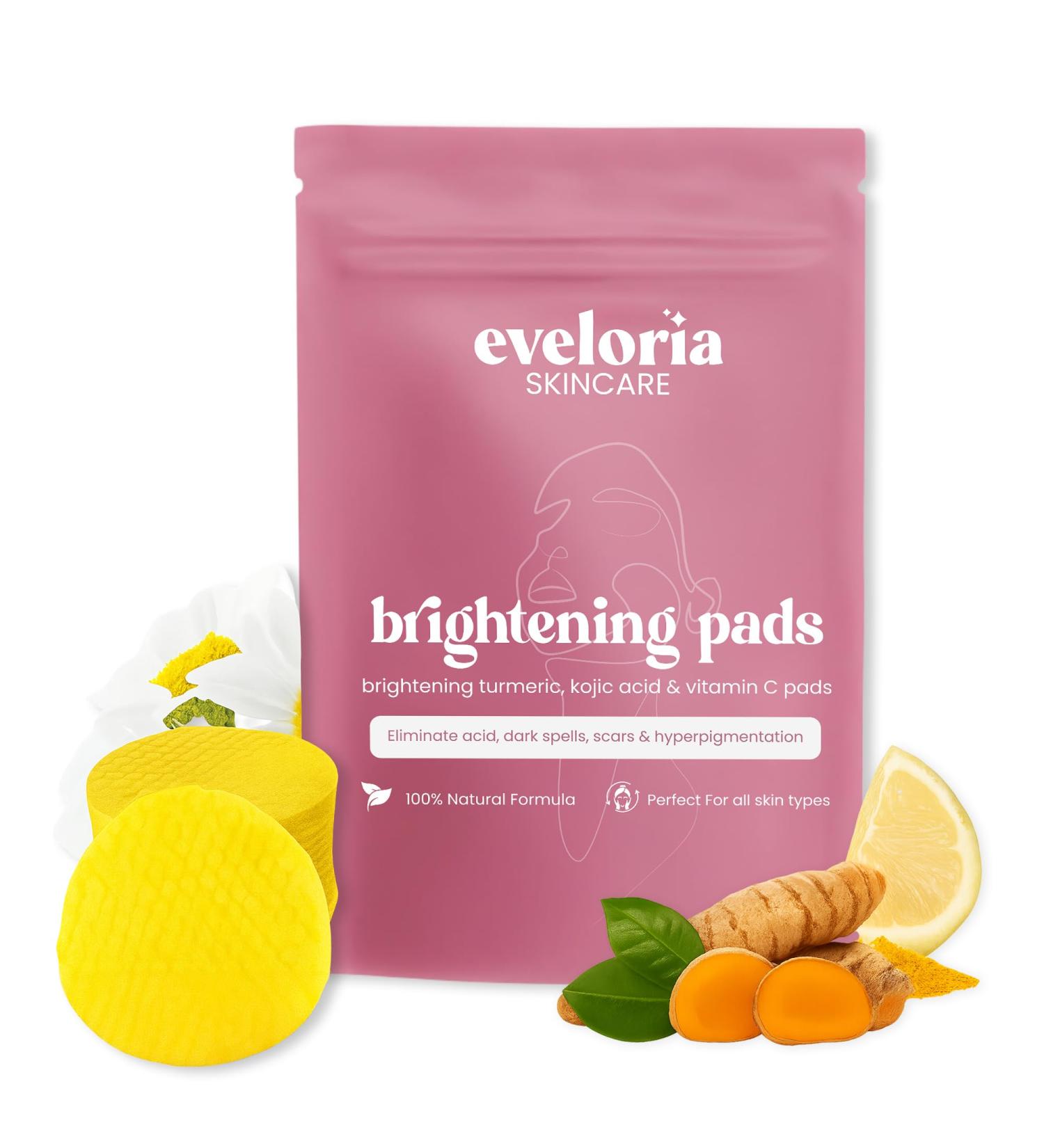Eveloria Brightening Turmeric & Kojic Acid 30 Face Pads Gentle Exfoliating & Cleansing Pads for Dark Spots Uneven Tone & Dull Skin Natural Glow with Turmeric Kojic Acid & Vitamin C - Buy Online on GoSupps.com
