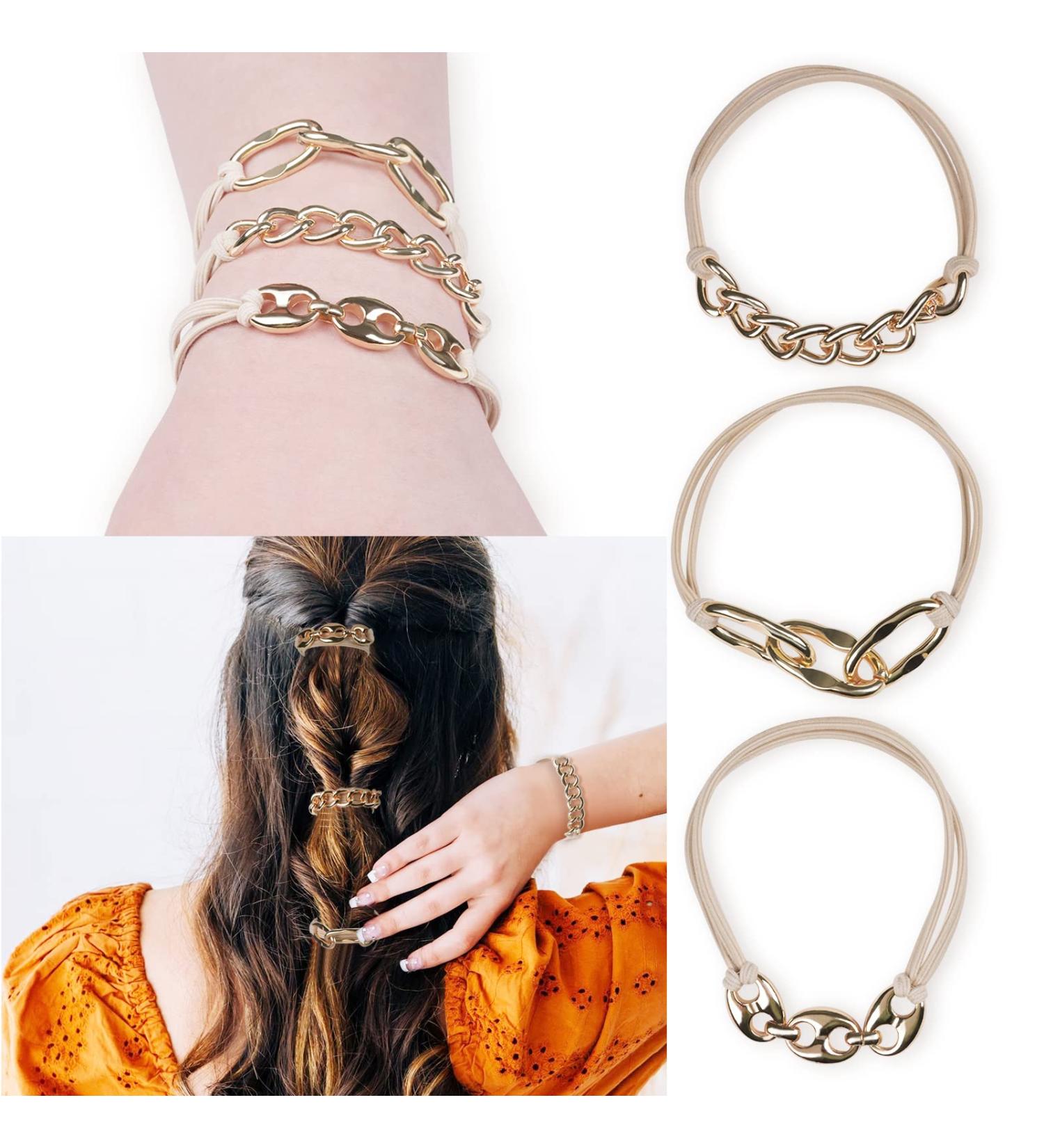 Elastic Bracelet Hair Ties | 2023 Collection | Suitable for All Hair Types | Ideal for Outdoor Sports & Activities | 3 Golden Styles - Buy Online on GoSupps.com