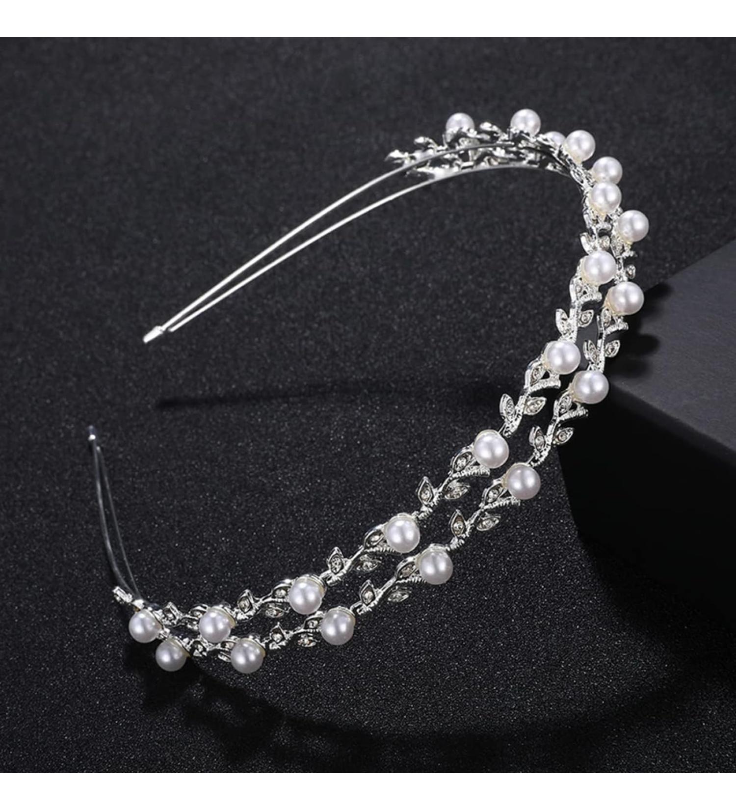 Double-layer Pearl Rhinestone Headband Bridal Wedding Metal Hair Band Shiny Rhinestone Hair Hoop Decorative Headpiece Hair Accessories Ornaments for Women Girls (Silver) - Buy Online on GoSupps.com