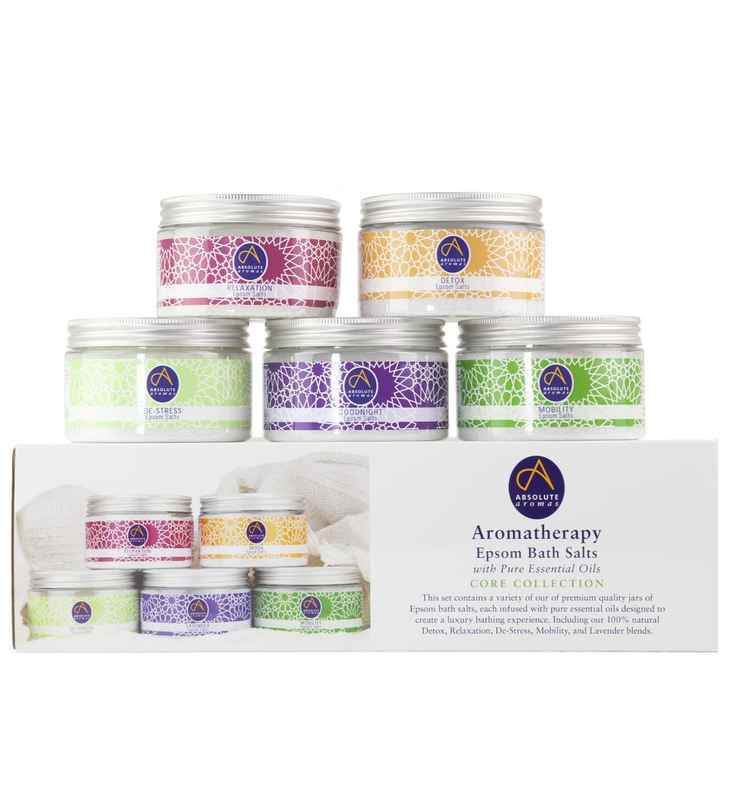 Absolute Aromas Epsom Bathing Salt Bundle Set - 5 x 300g Detox Lavender Mobility Relaxation | Magnesium Sulfate & 100% Pure Essential Oils - International Shipping - Buy Online on GoSupps.com