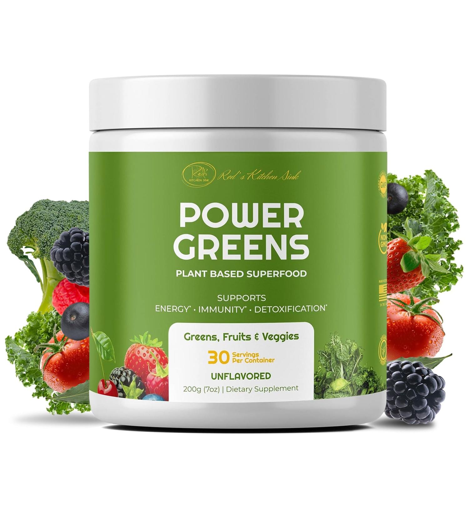 Red's Kitchen Sink Power Greens Powder - Daily Greens Superfood Powder - Fruity Veggie & Green Leafy Smoothie Drink Mix - Superfoods Maca Root Spirulina Chlorella & More (200 Grams) - Buy Online on GoSupps.com