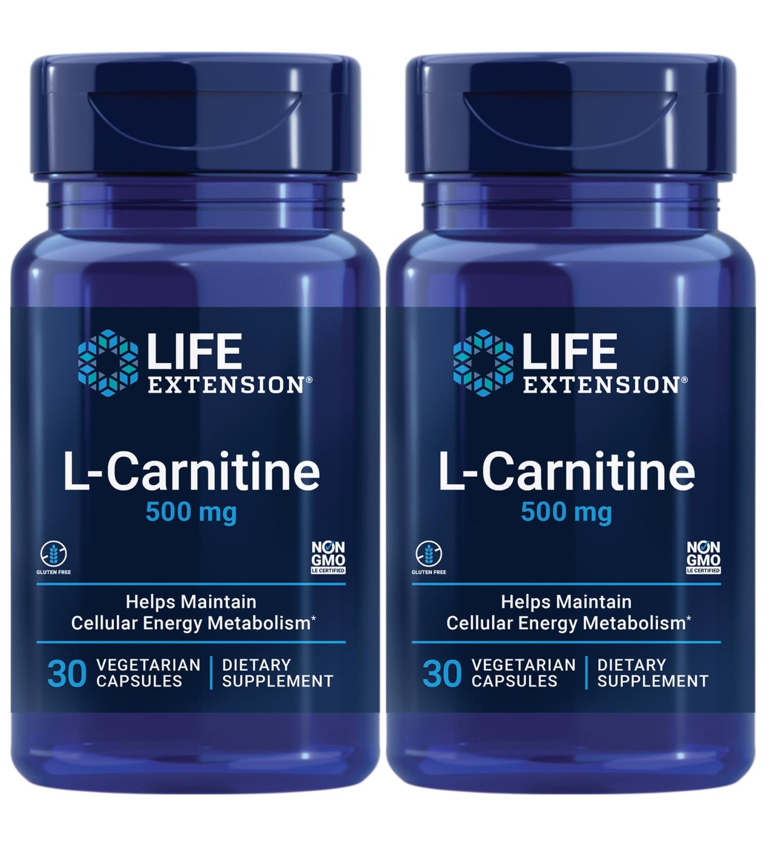 Buy Life Extension L-Carnitine 500mg - Energy & Memory Supplement - Gluten-Free Non-GMO Vegetarian - 2-Pack Capsules - Buy Online on GoSupps.com