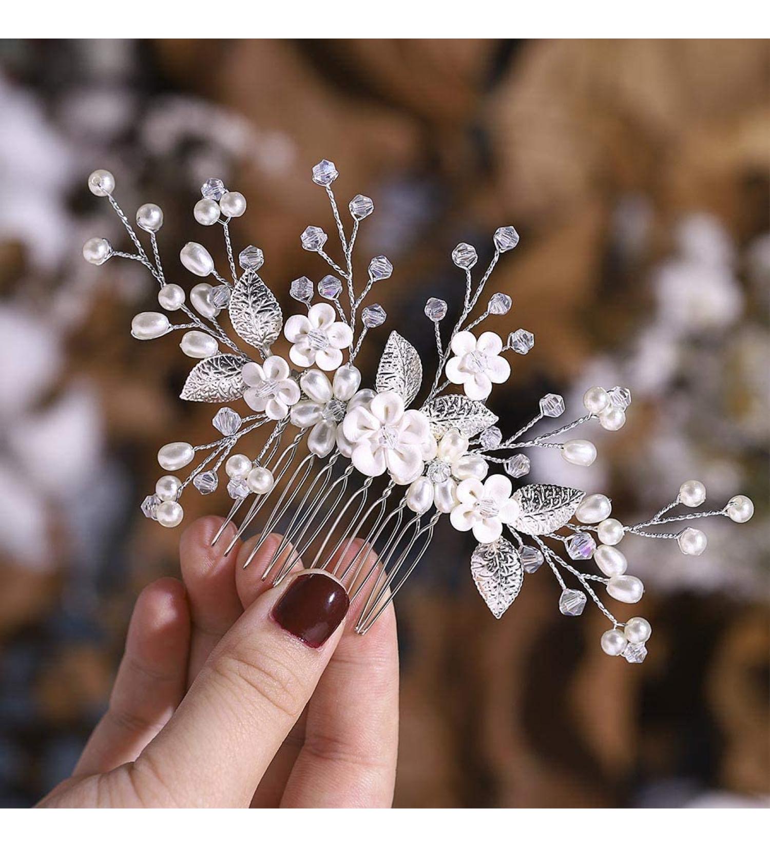 Handsess Bridal Wedding Flowers Hair Comb Silver Rhinestone Hairpieces Leaf Bridal Side Combs Pearl Wedding Hair Accessories for Women and Girls - Buy Online on GoSupps.com