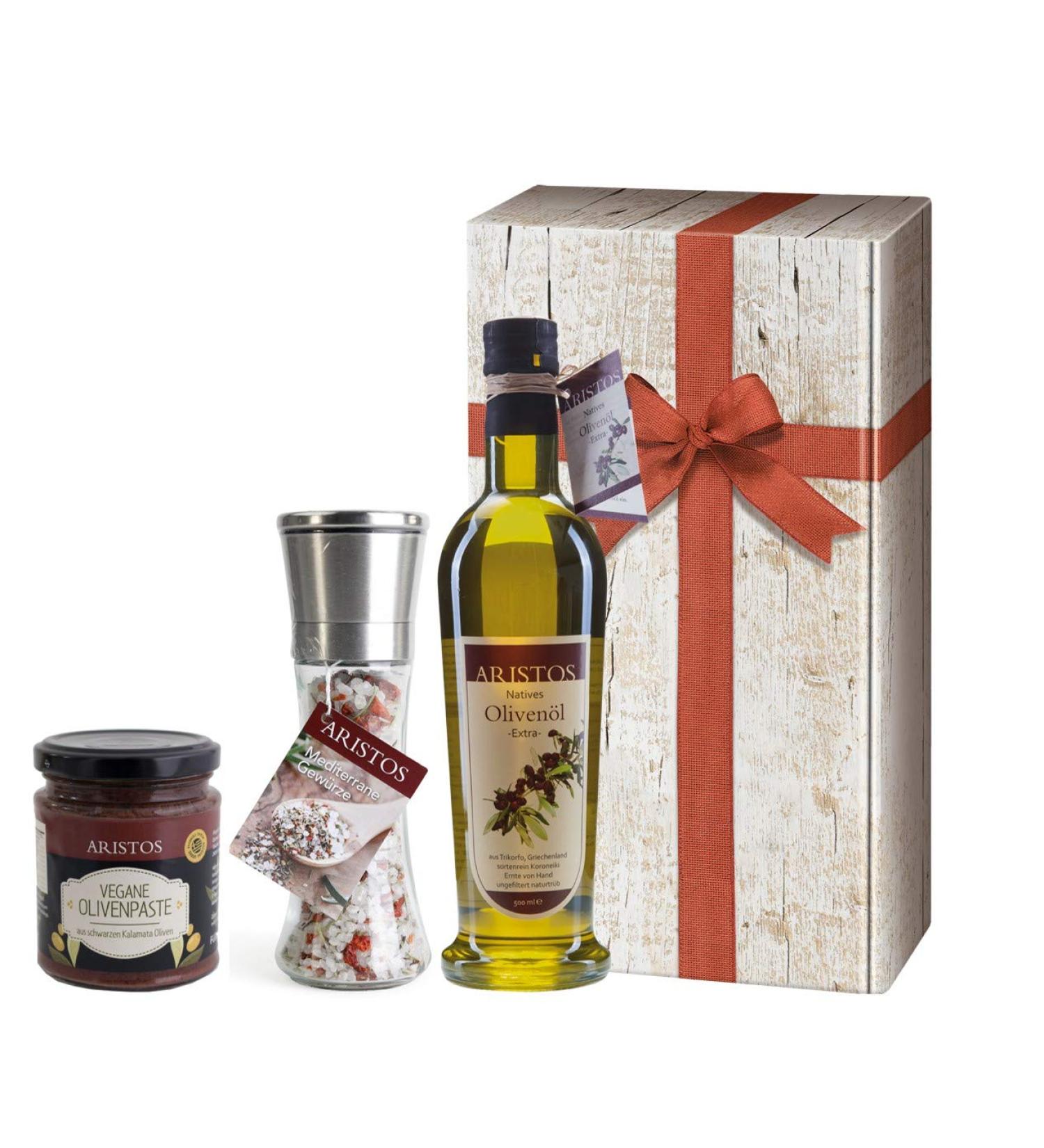 3 TLG Greek Olive Oil Gift Set | Christmas Gift Basket with Oil Sea Salt & Tapenade | Elegant Wooden Box | Aristos Gourmet Gift - Buy Online on GoSupps.com