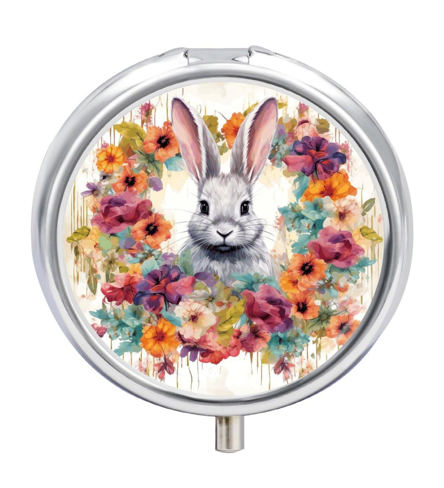 Travel Pill Box Organizer - 3 Compartment Round Case with Watercolor Rabbit & Flowers - Portable Medicine Holder for Handbag & Pocket - Buy Online on GoSupps.com