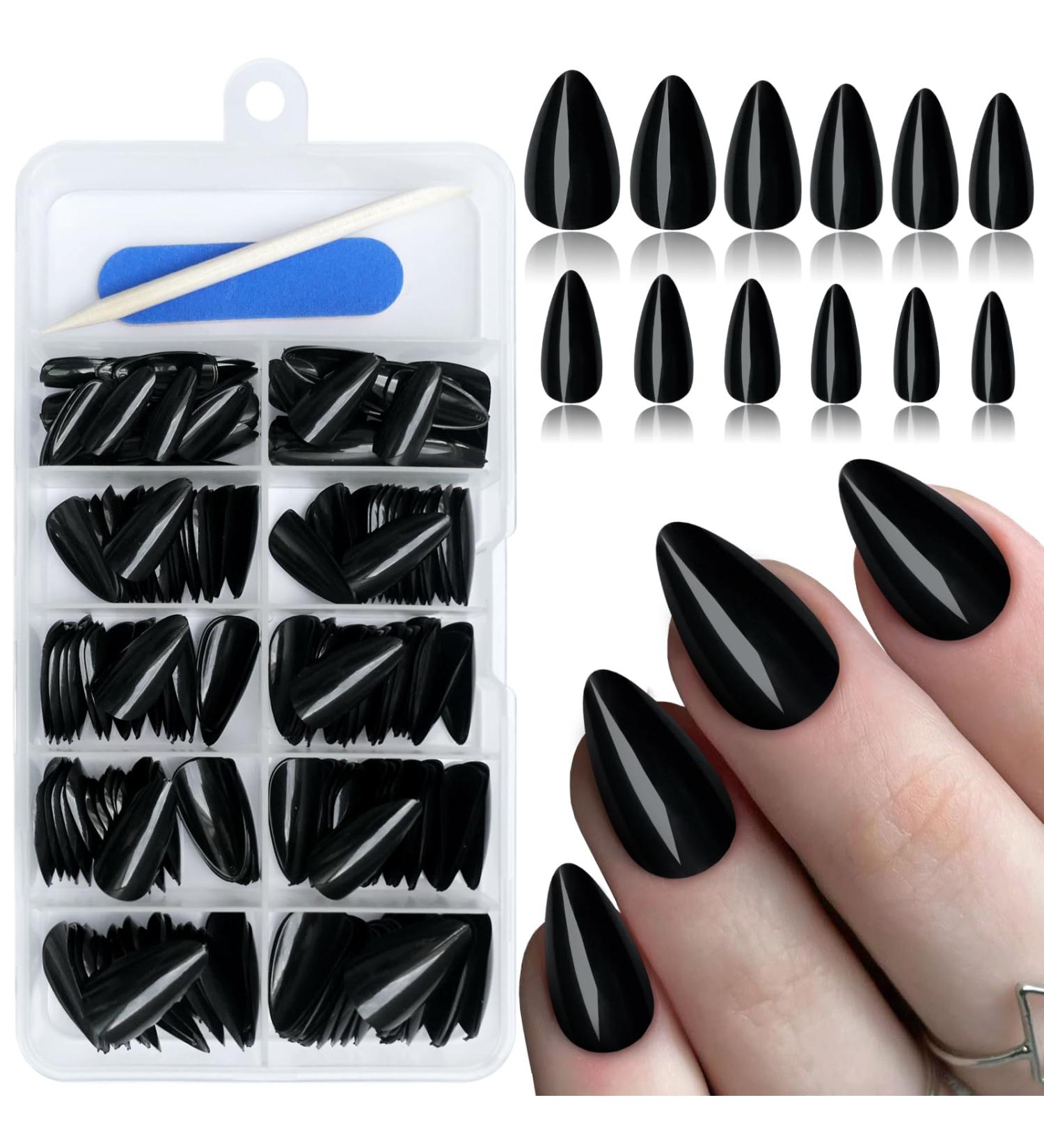 240Pcs Almond Press On Nails - Short Black Glossy Full Cover Fake Nails for Women & Girls | Artificial Acrylic Fingernails Design - Buy Online on GoSupps.com