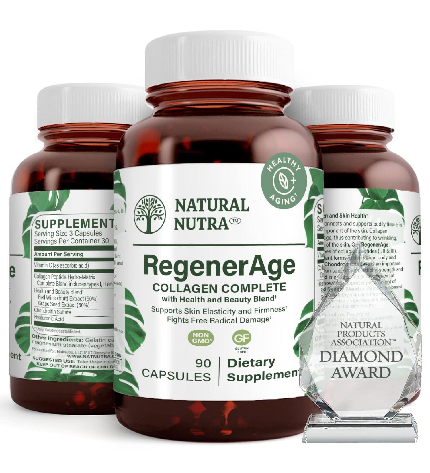 Natural Nutra RegenerAge Complete Supplement for Skin Health with Protein Peptides Reduce Stretch Marks Contributes Overall Health Vitamin C Grape Seed Red Wine Extract Gluten Free 90 Capsules. - Buy Online on GoSupps.com