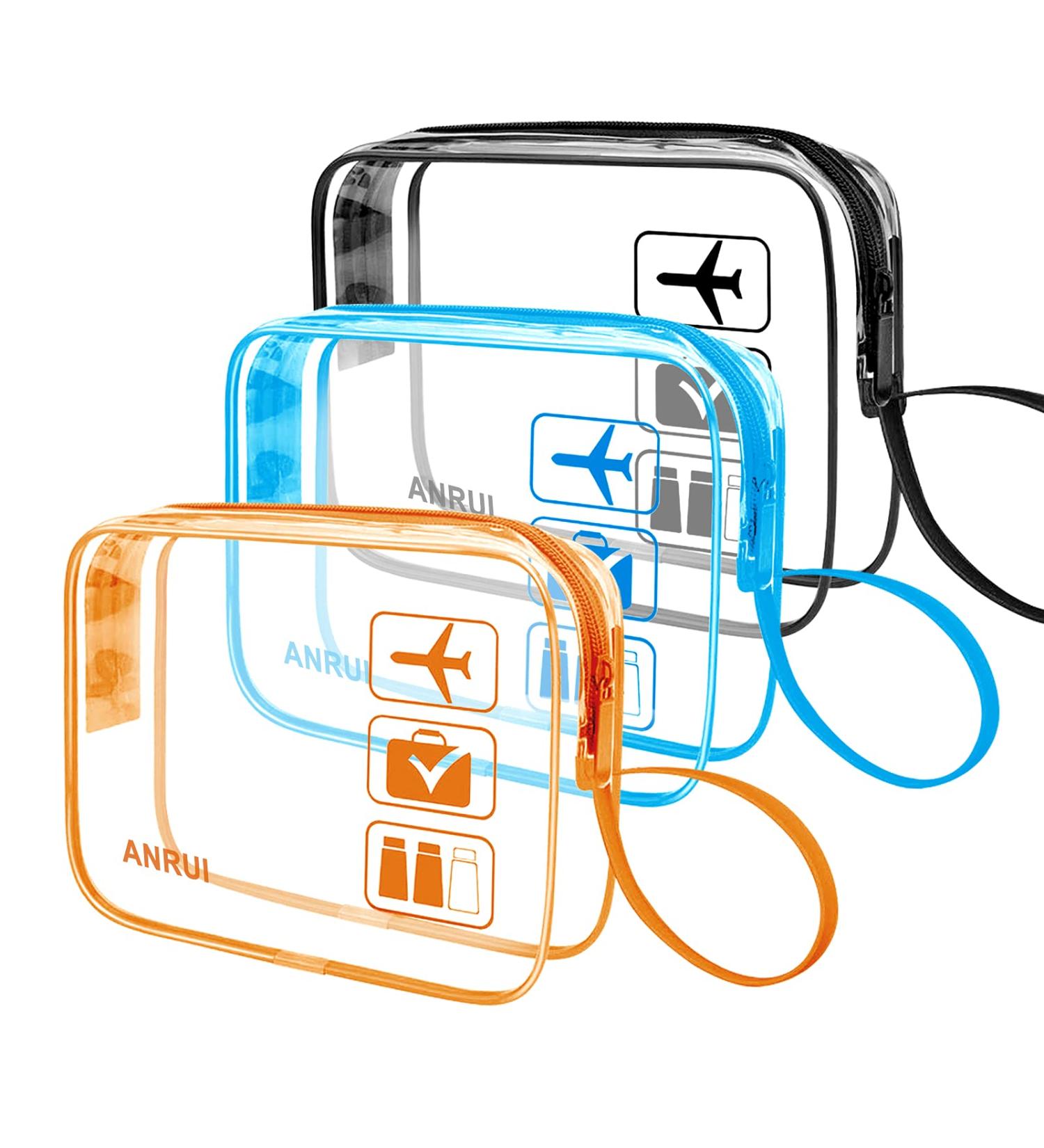 3pcs Clear TSA-Approved Travel Toiletry Bags - Black/Blue/Orange (8-inch) - Set of 3 - Buy Online on GoSupps.com