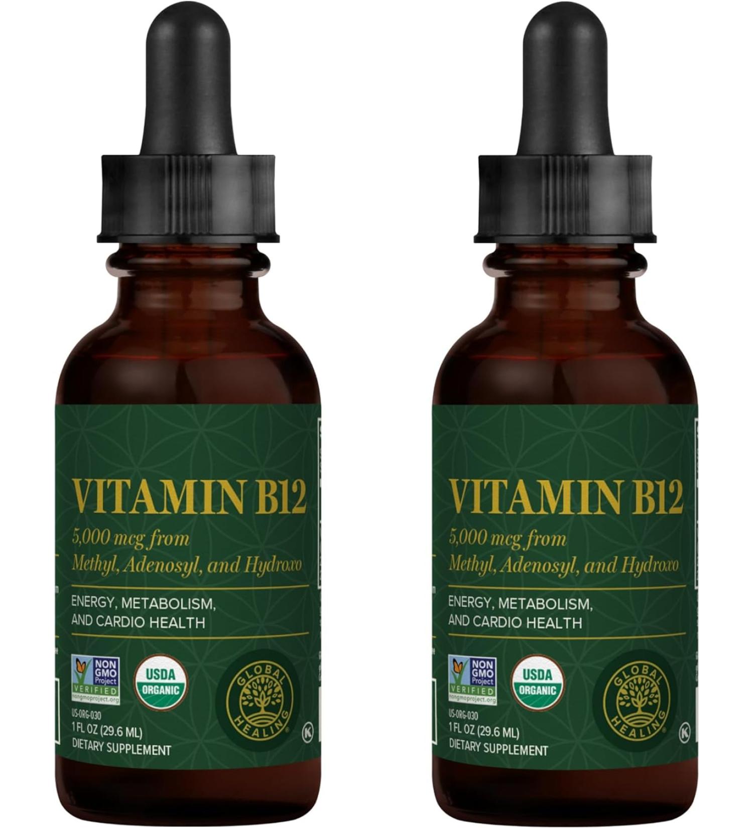 Global Healing Center VeganSafe B12 2500mcg Sublingual Liquid Drops | 2-in-1 Methylcobalamin & Adenosylcobalamin Blend for Energy, Mood, and Heart Health | 1 Fl Oz (2-Pack) - Buy Online on GoSupps.com